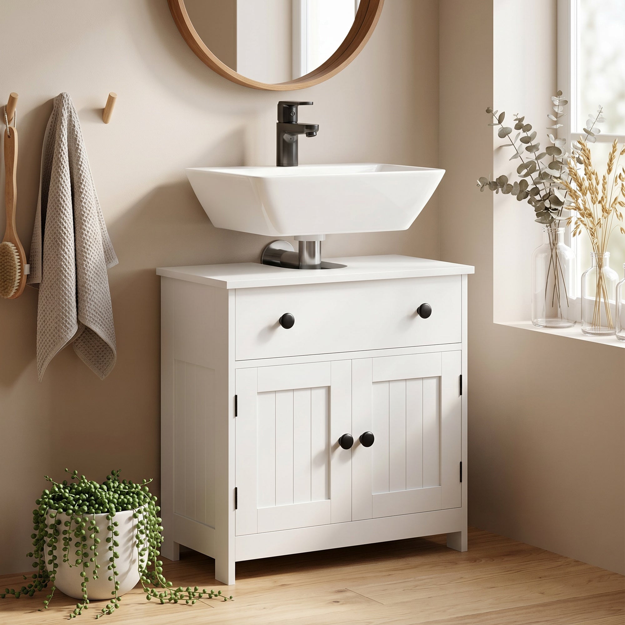 Meuble sous lavabo, meuble de salle de bain moderne avec charnières à fermeture douce, tiroir, 2 portes, découpe en U pour lavabo sans colonne, 60 x 30 x 60 cm, blanc
