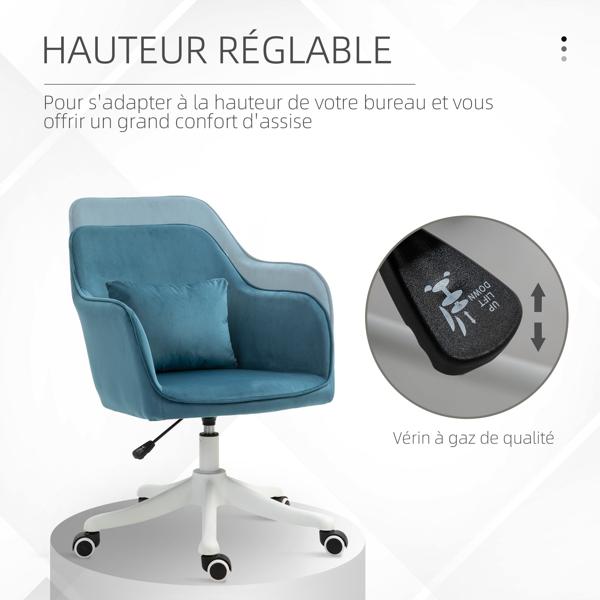 Chaise de bureau velours fauteuil bureau massant coussin lombaire intégré hauteur réglable pivotante 360° bleu