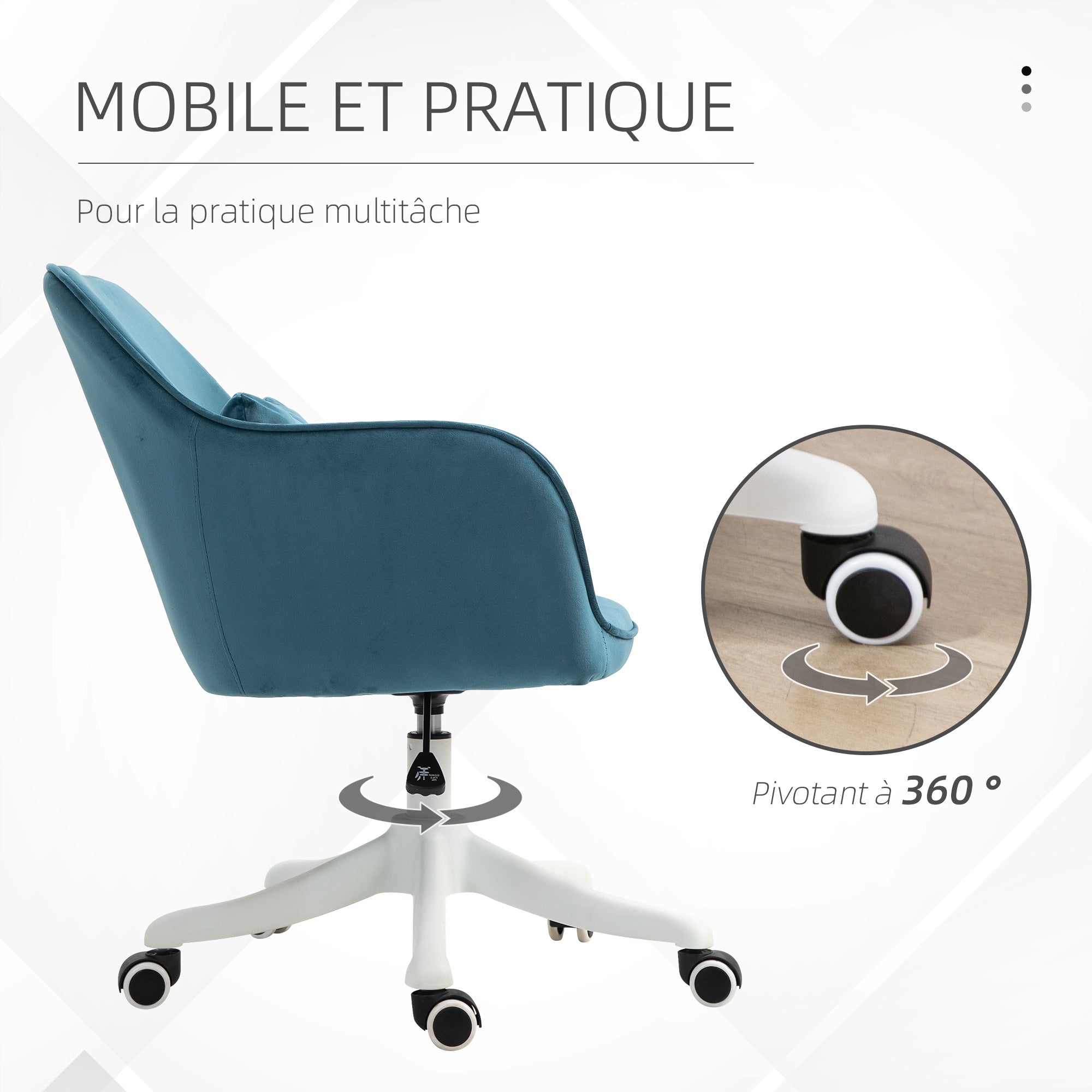 Chaise de bureau velours fauteuil bureau massant coussin lombaire intégré hauteur réglable pivotante 360° bleu