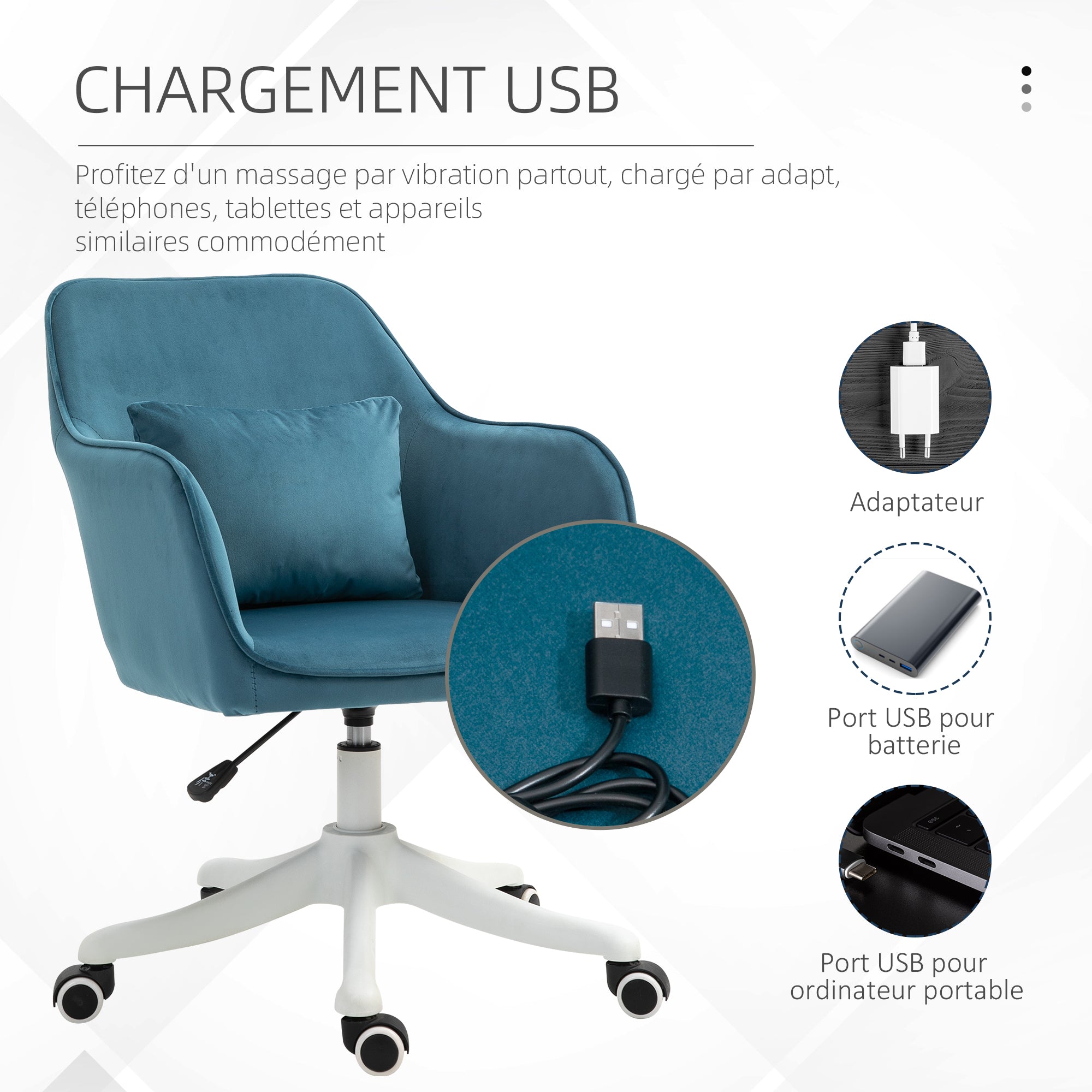 Chaise de bureau velours fauteuil bureau massant coussin lombaire intégré hauteur réglable pivotante 360° bleu