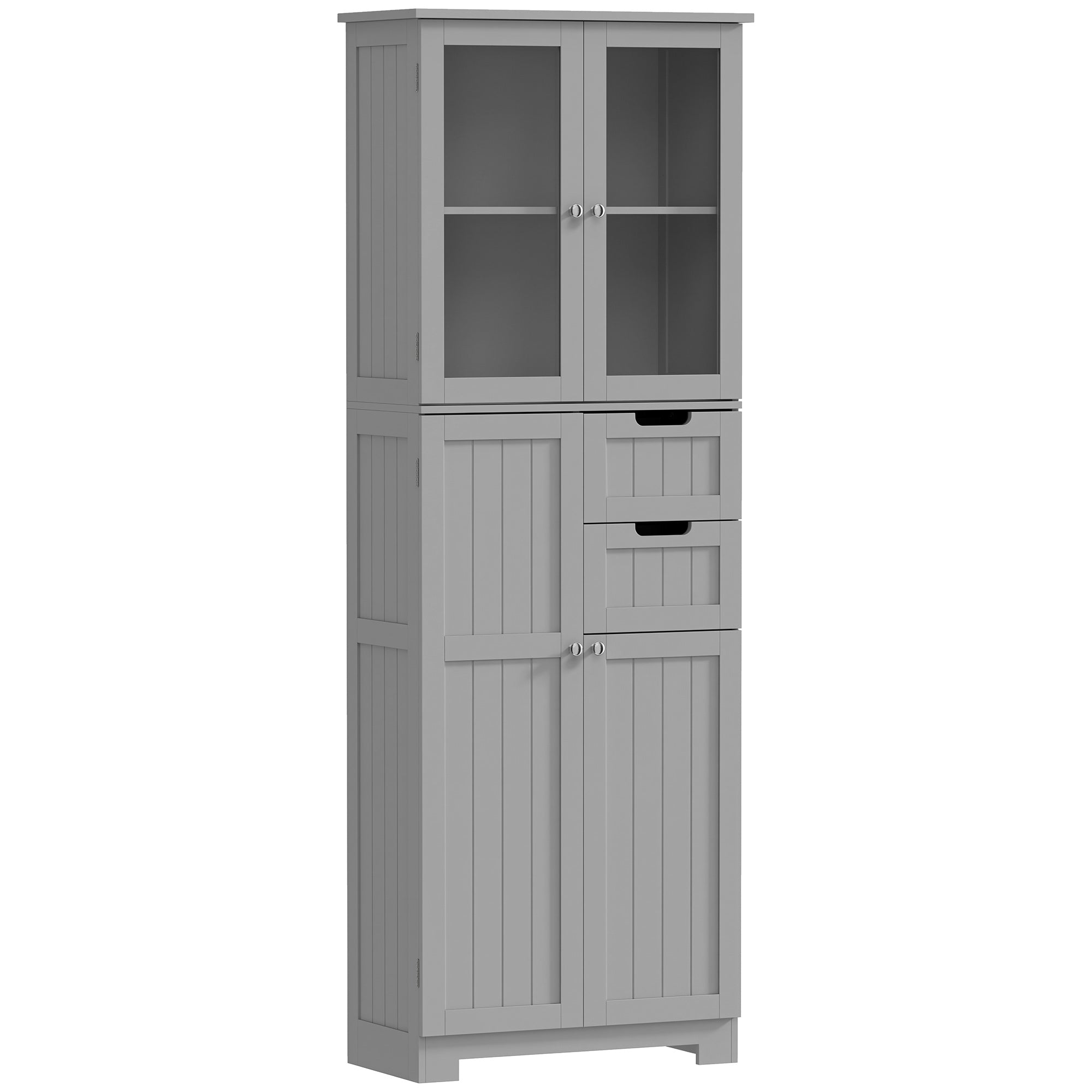 Meuble de salle de bain haut, meuble de rangement, colonne salle de bain avec 4 portes dont 2 vitrées, 2 tiroirs et étagères réglables, style moderne, pour salon, chambre, 60x30x170cm, blanc