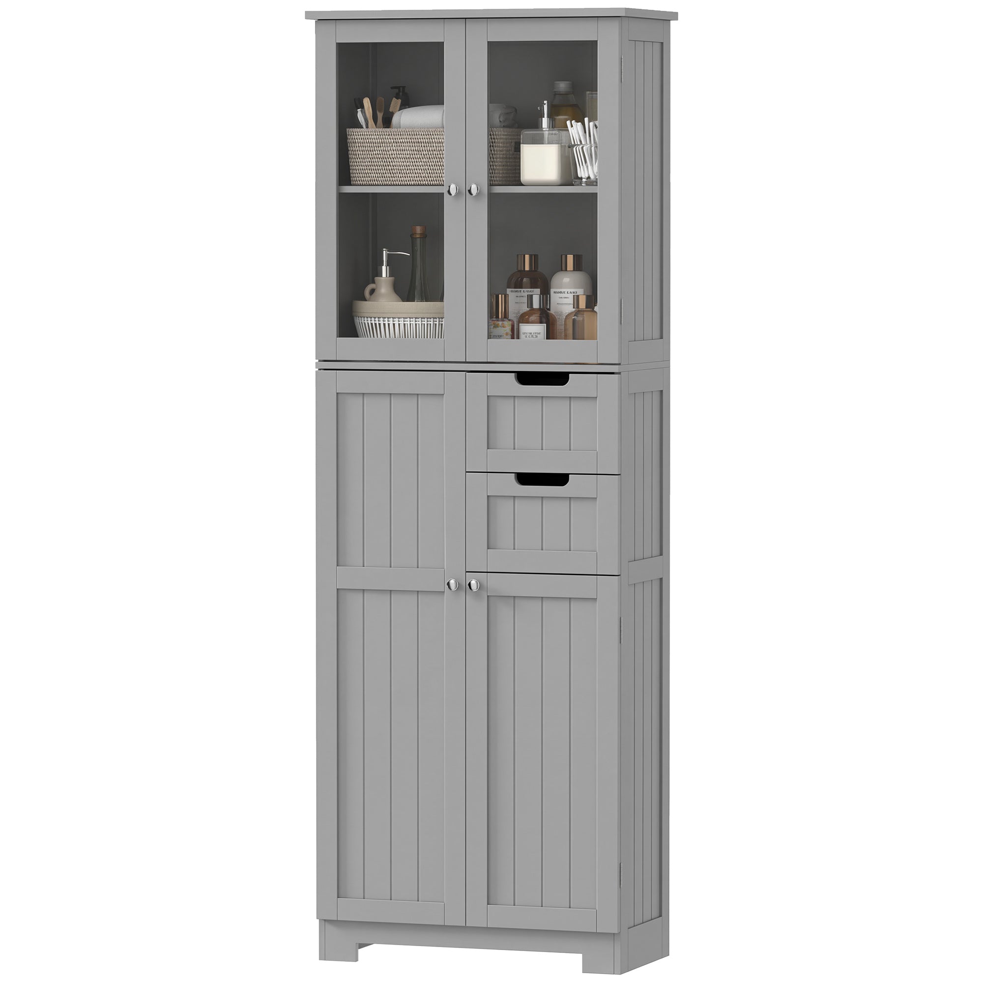 Meuble de salle de bain haut, meuble de rangement, colonne salle de bain avec 4 portes dont 2 vitrées, 2 tiroirs et étagères réglables, style moderne, pour salon, chambre, 60x30x170cm, blanc
