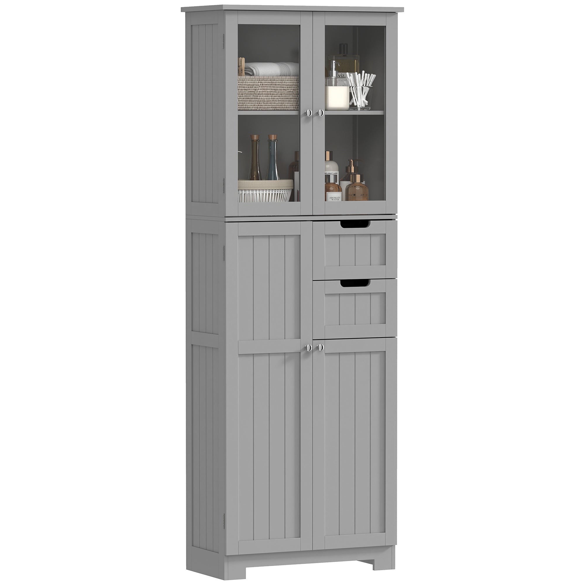 Meuble de salle de bain haut, meuble de rangement, colonne salle de bain avec 4 portes dont 2 vitrées, 2 tiroirs et étagères réglables, style moderne, pour salon, chambre, 60x30x170cm, blanc
