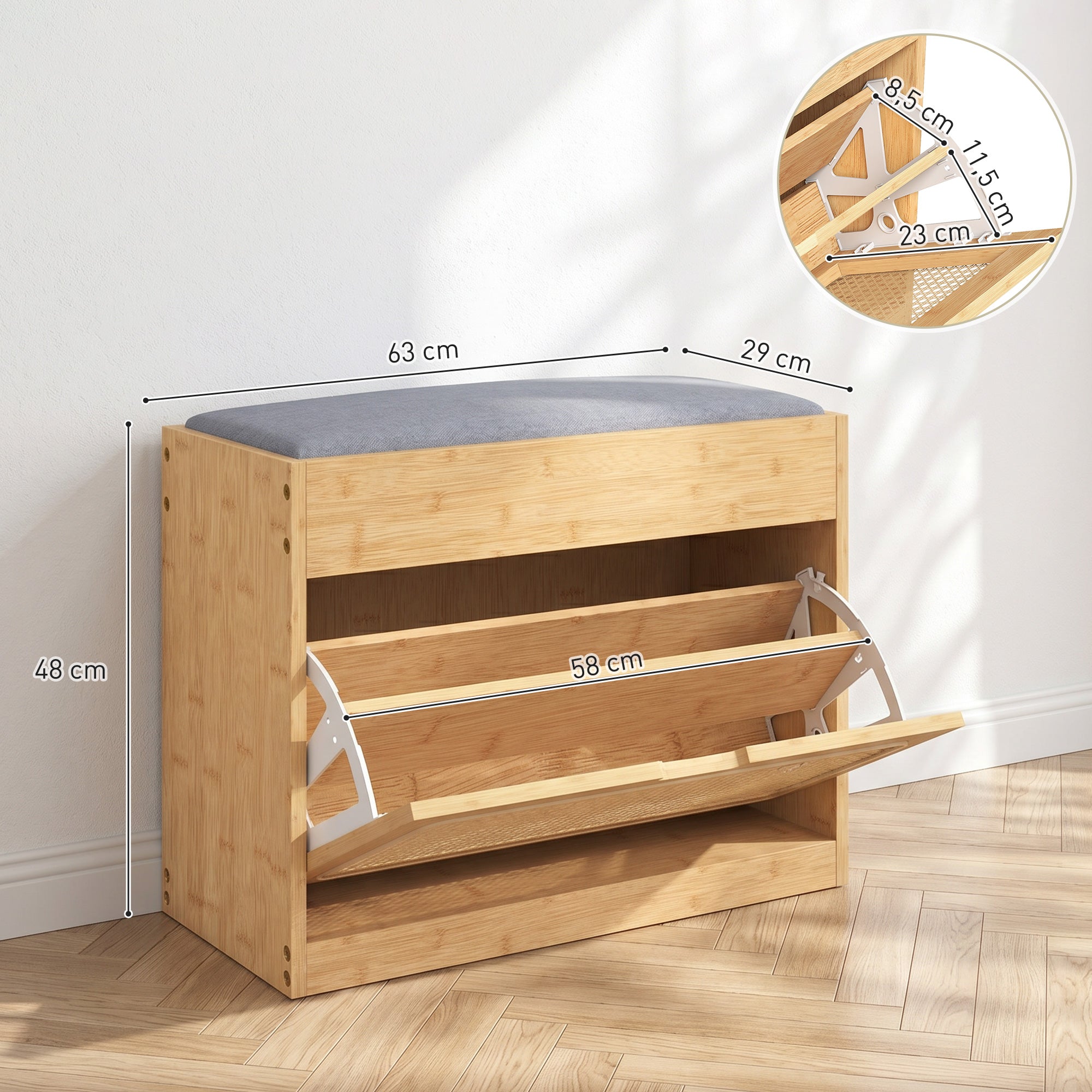 Banc chaussures entrée en bambou, banc de rangement, assise rembourrée, porte en rotin, tiroir rabattable et étagère réglable, style bohème, pour entrée, couloir, 63x29x48cm, bois naturel
