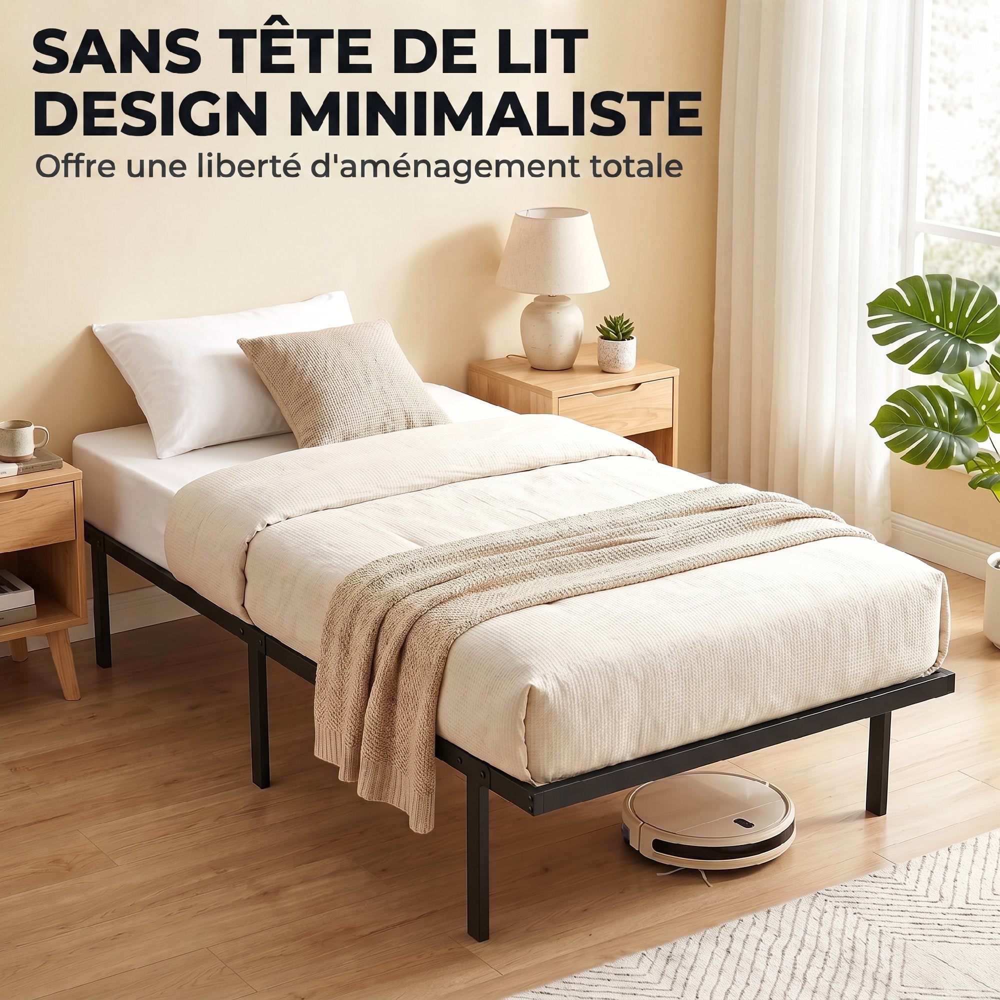 Cadre de lit 90 x 200 cm avec sommier, lit simple avec support à lattes en métal, rangement au-dessous de 35,5H cm, sans bruit, montage facile, noir