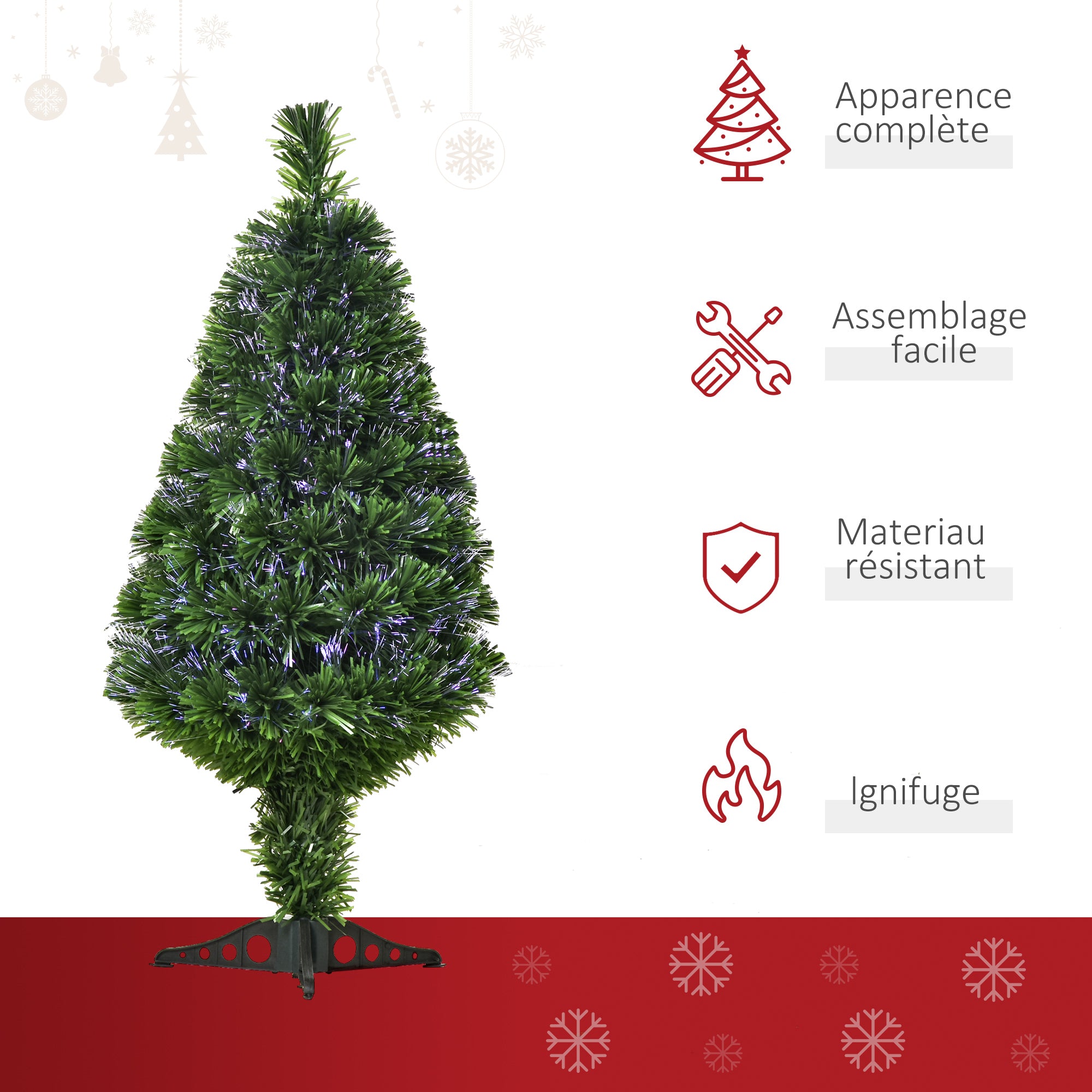 Sapin de Noël Artificiel Lumineux 90H cm Fibre Optique Multicolore + Support Pied 90 Branches Vert