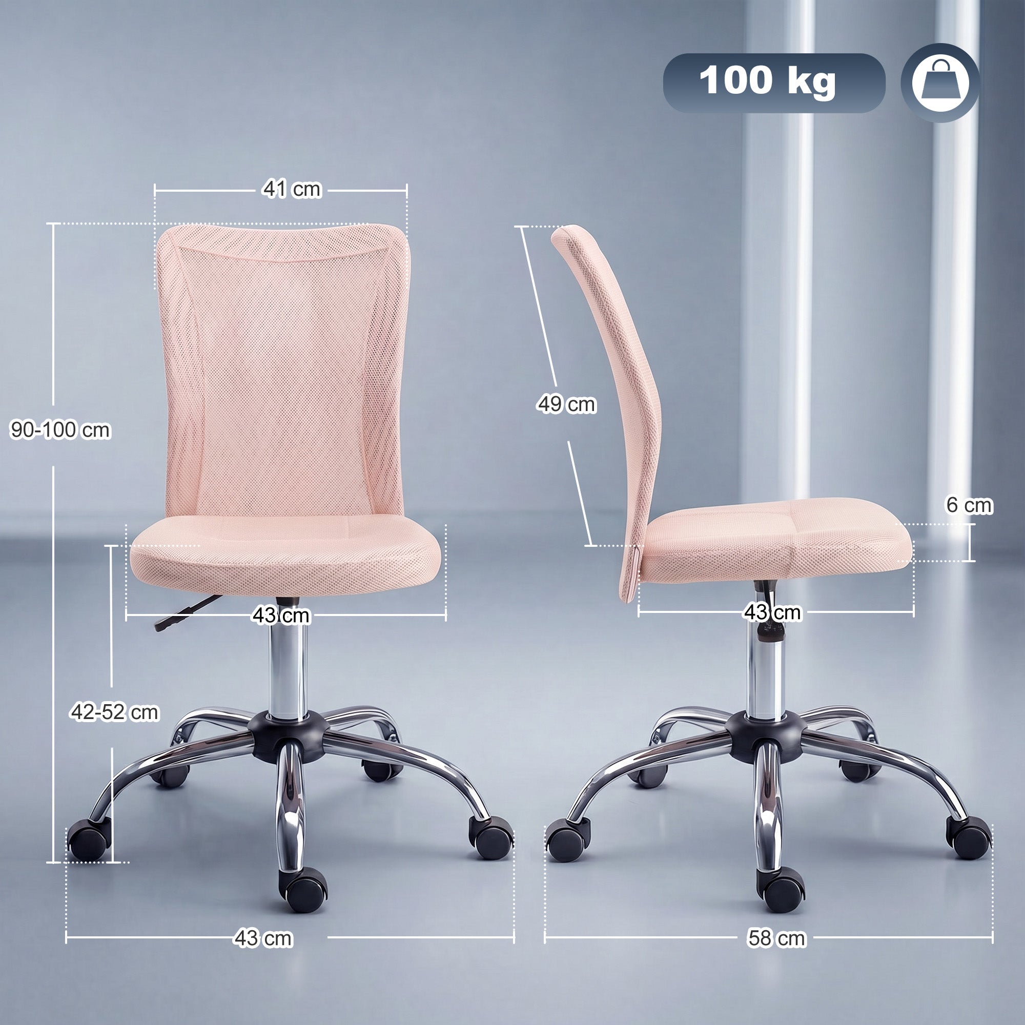 Chaise de bureau ergonomique fauteuil de bureau hauteur réglable piètement chromé pivotant 360° revêtement maille rose