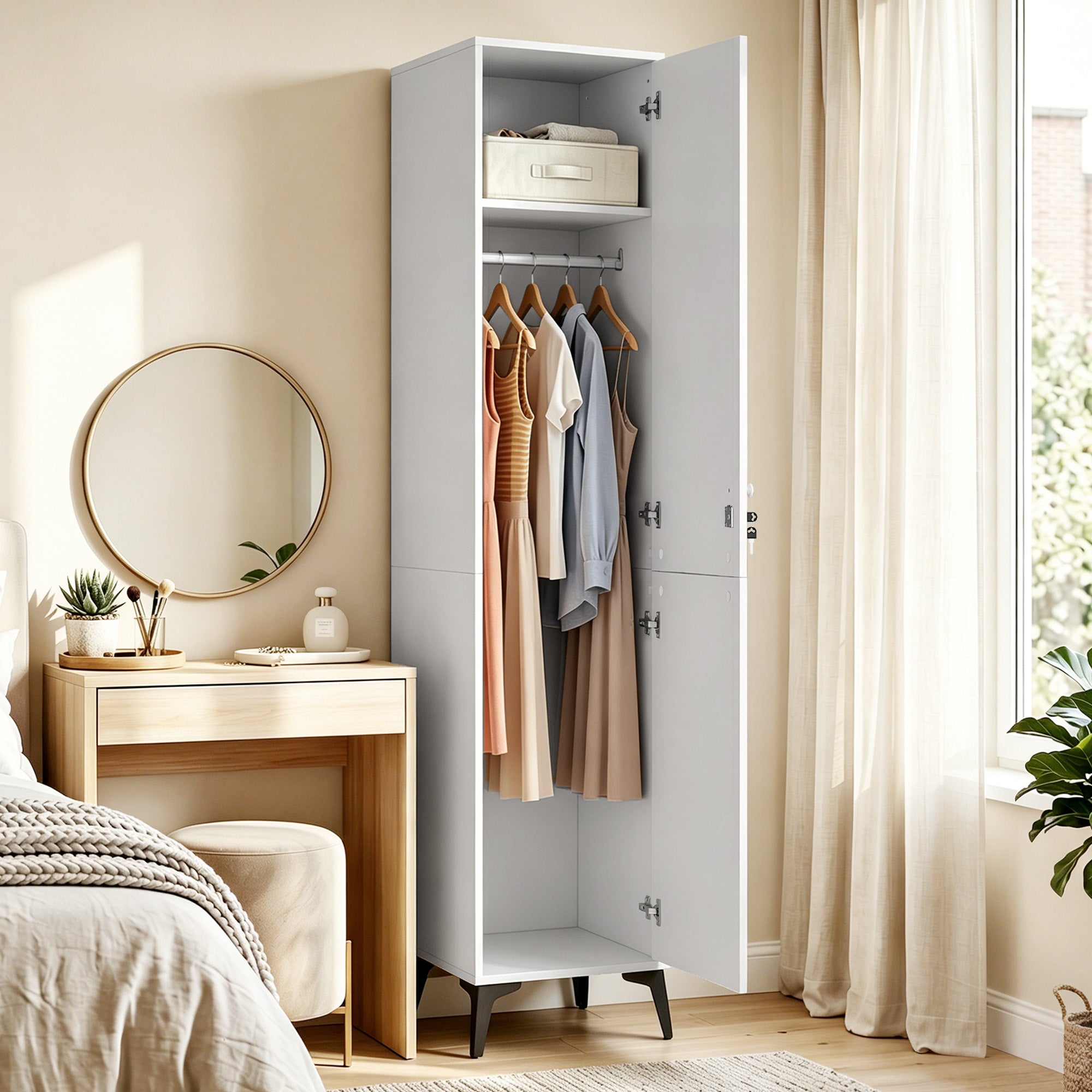Armoire chambre étroite penderie avec porte, tringle et étagères de rangement, serrure à deux clés, armoire à vêtements, dressing, pour chambre à coucher, 36 x 40 x 180 cm, blanc