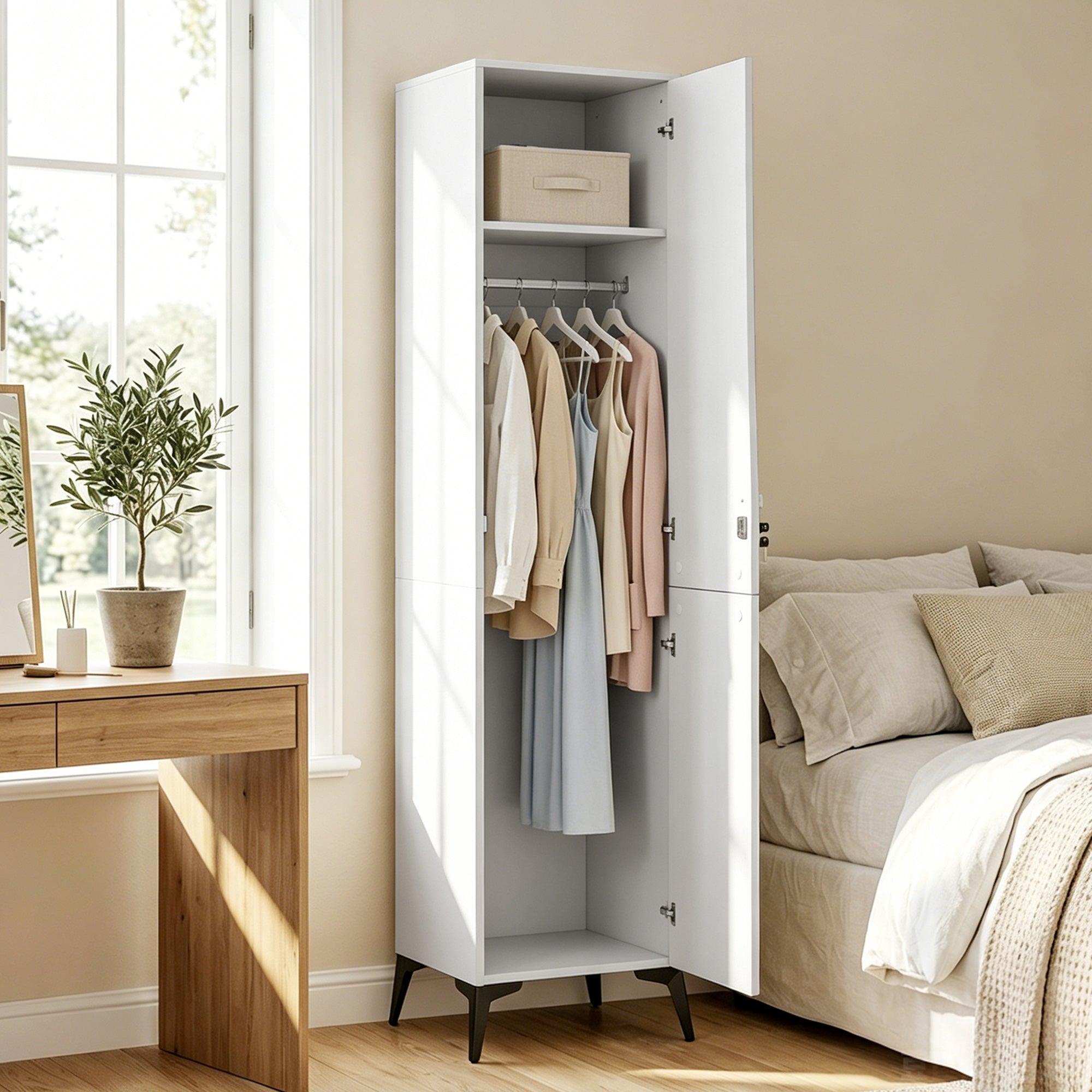 Armoire chambre étroite penderie avec porte, tringle et étagères de rangement, serrure à deux clés, armoire à vêtements, dressing, pour chambre à coucher, 36 x 40 x 180 cm, blanc