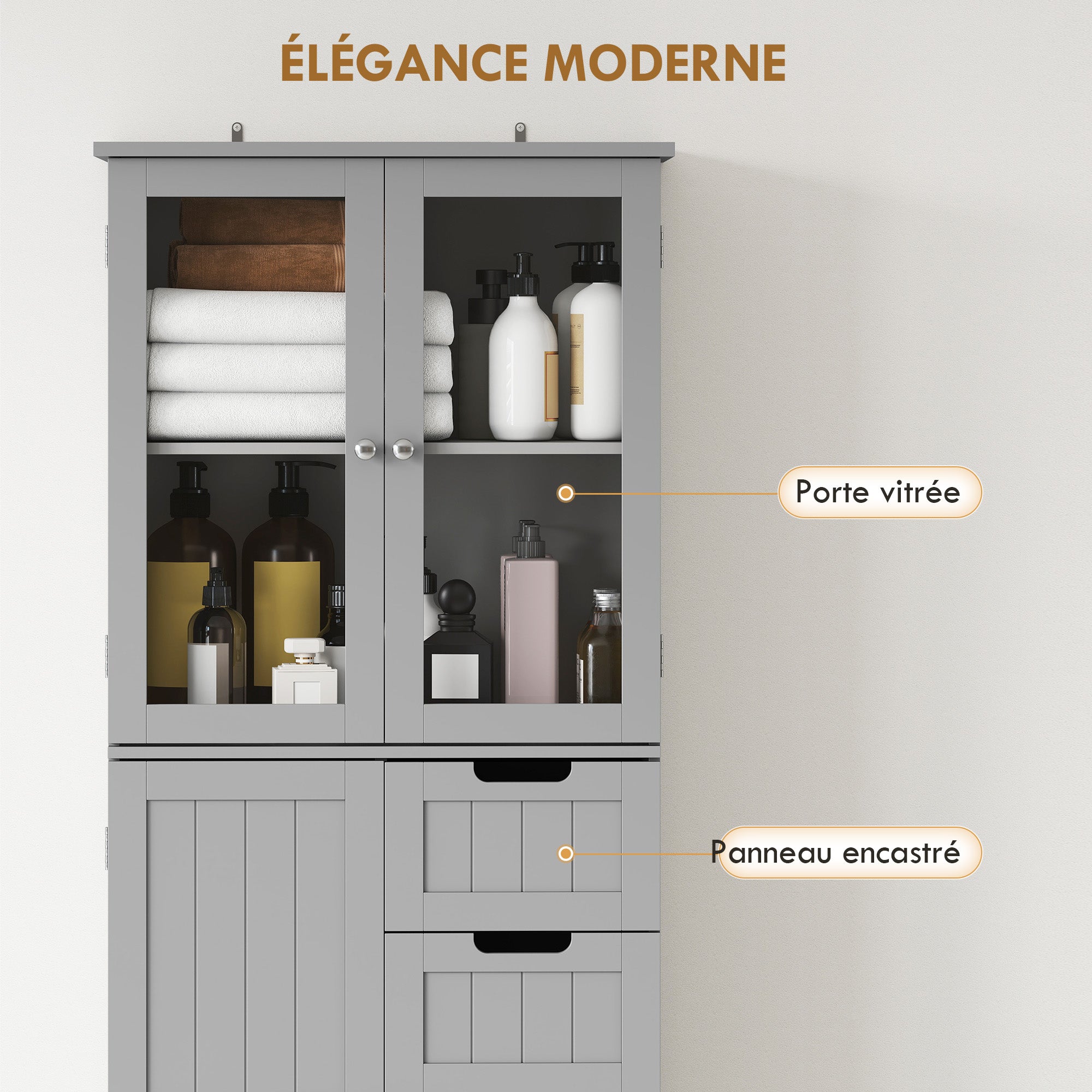 Meuble de salle de bain haut, meuble de rangement, colonne salle de bain avec 4 portes dont 2 vitrées, 2 tiroirs et étagères réglables, style moderne, pour salon, chambre, 60x30x170cm, blanc