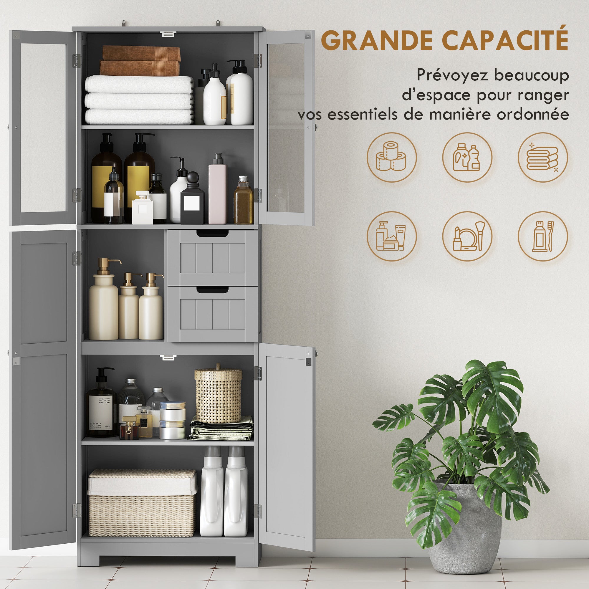 Meuble de salle de bain haut, meuble de rangement, colonne salle de bain avec 4 portes dont 2 vitrées, 2 tiroirs et étagères réglables, style moderne, pour salon, chambre, 60x30x170cm, blanc