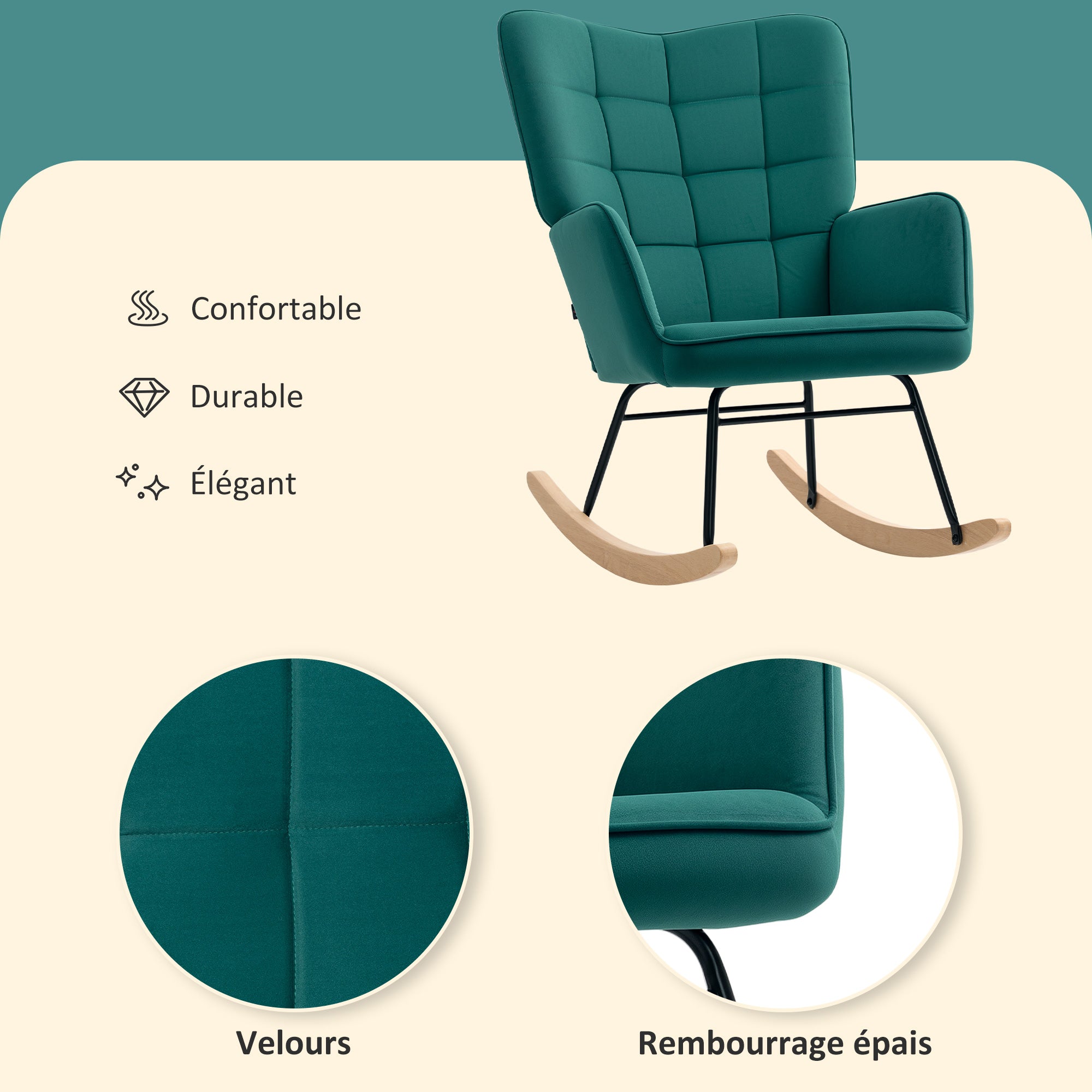 Fauteuil à bascule, rocking chair, revêtement en velours, fauteuil allaitement, chaise à bascule, structure en acier, pieds en bois massif, vert foncé