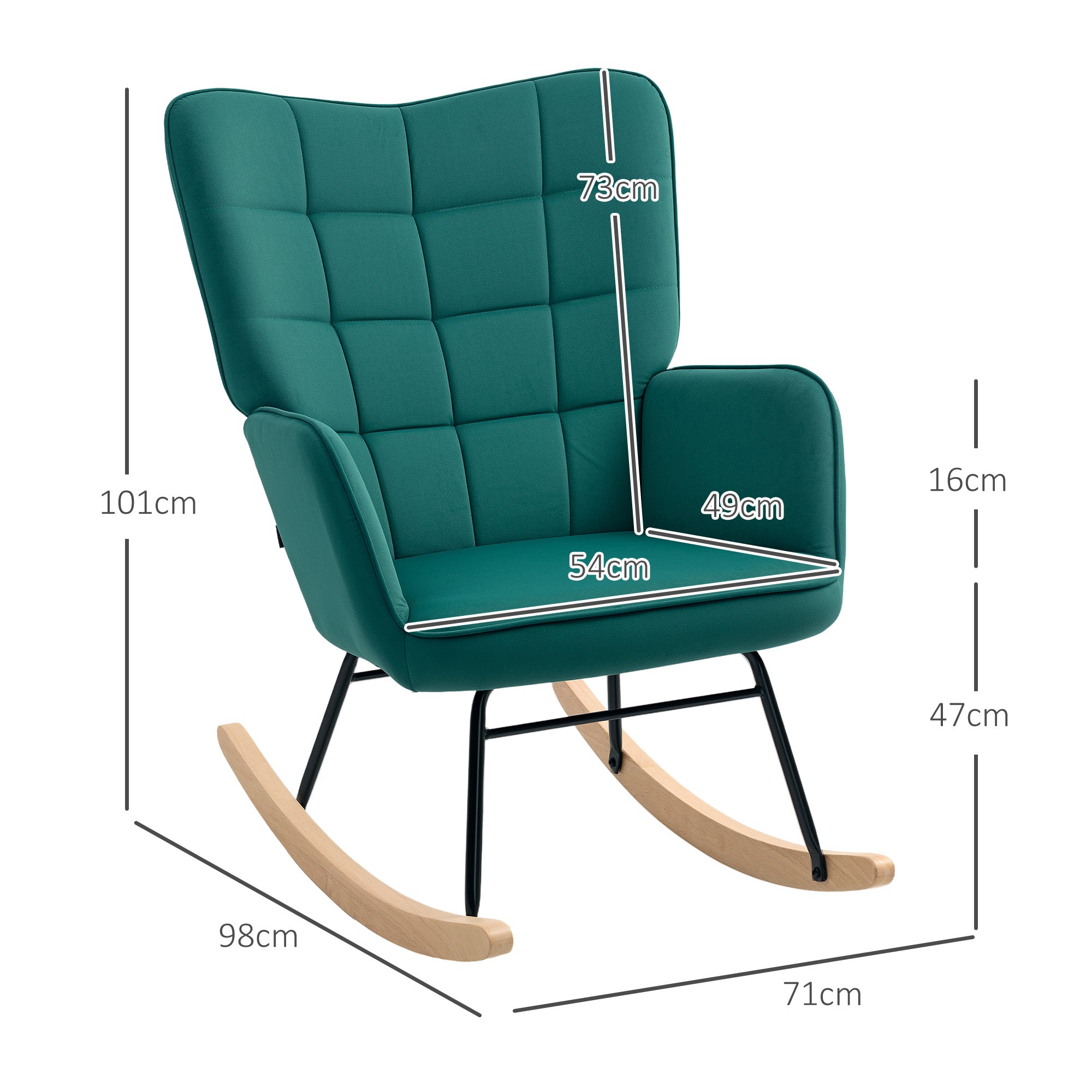 Fauteuil à bascule, rocking chair, revêtement en velours, fauteuil allaitement, chaise à bascule, structure en acier, pieds en bois massif, vert foncé