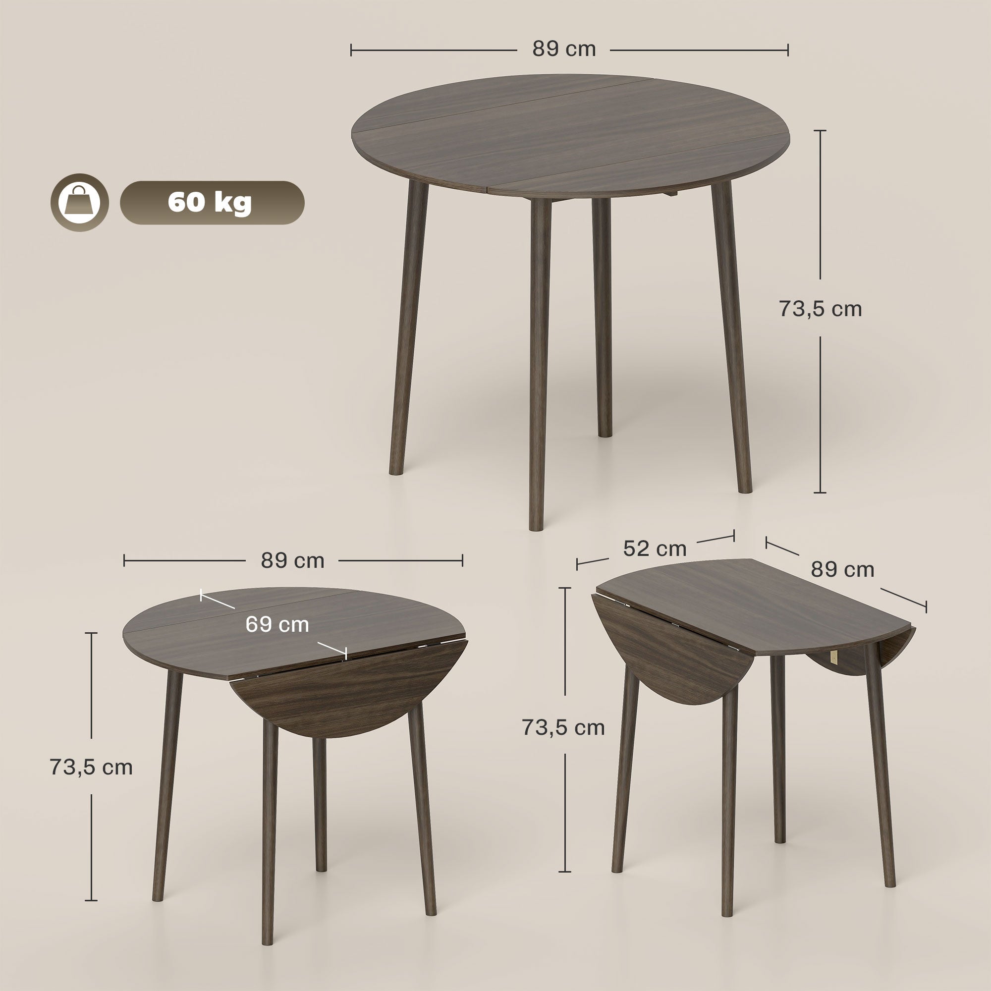 Table à manger pliante, table de cuisine ronde Ø 89 cm pour 4 personnes avec 2 abattants, pieds en bois de pin, design nordique, pour petits espaces, gris