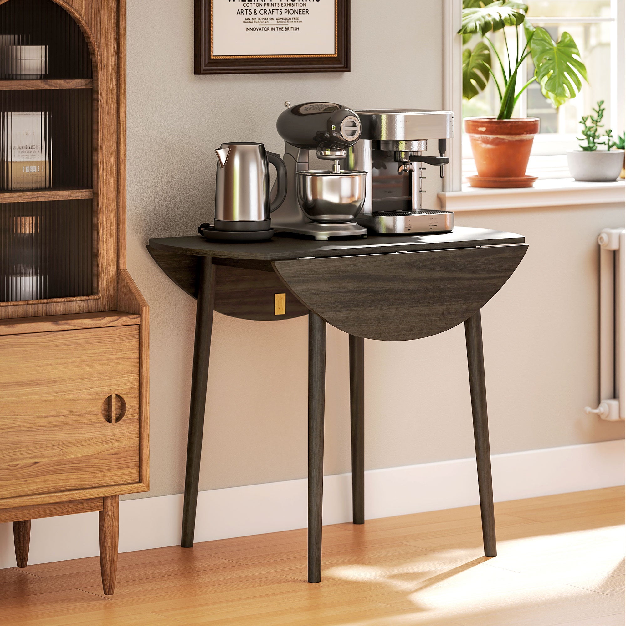 Table à manger pliante, table de cuisine ronde Ø 89 cm pour 4 personnes avec 2 abattants, pieds en bois de pin, design nordique, pour petits espaces, gris