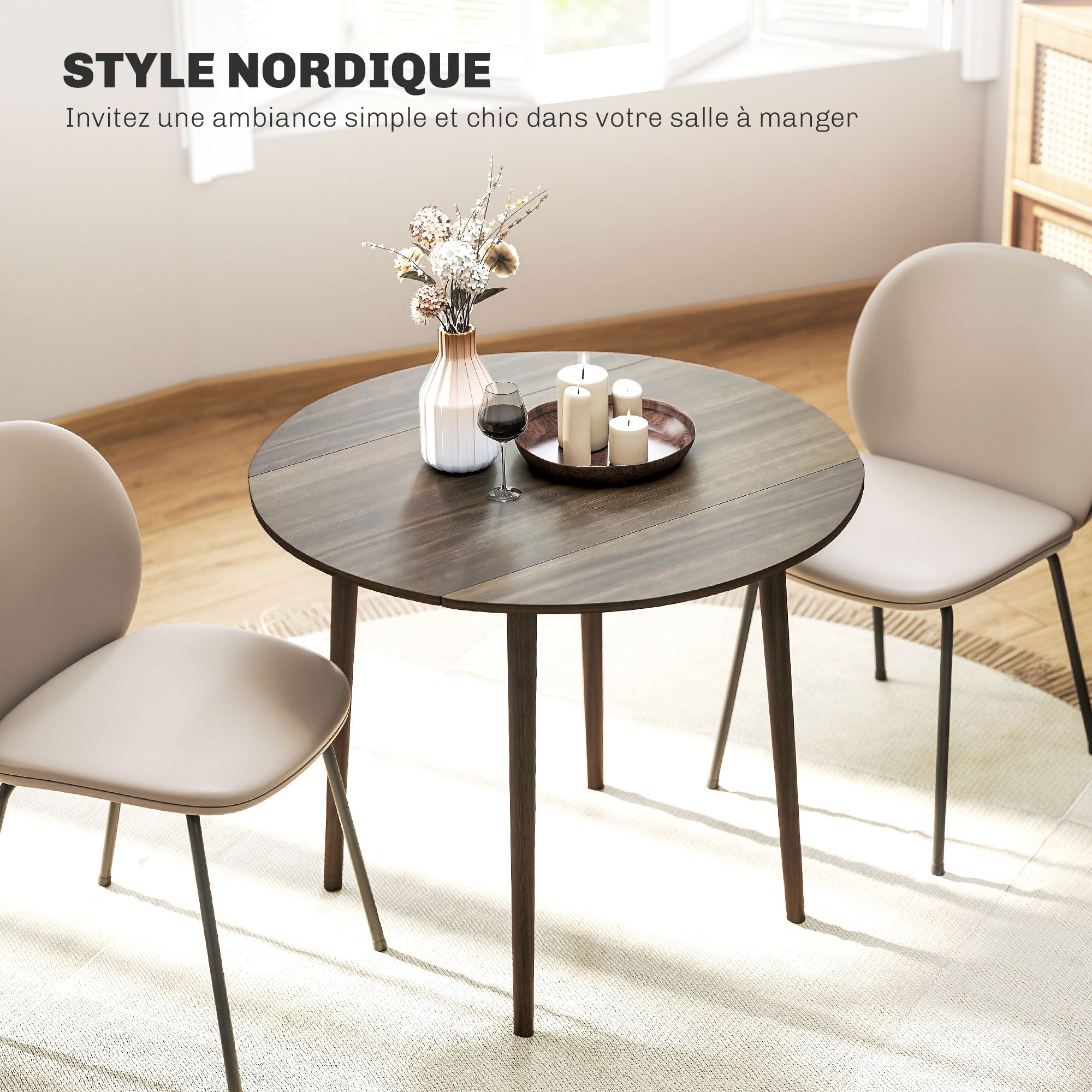 Table à manger pliante, table de cuisine ronde Ø 89 cm pour 4 personnes avec 2 abattants, pieds en bois de pin, design nordique, pour petits espaces, gris