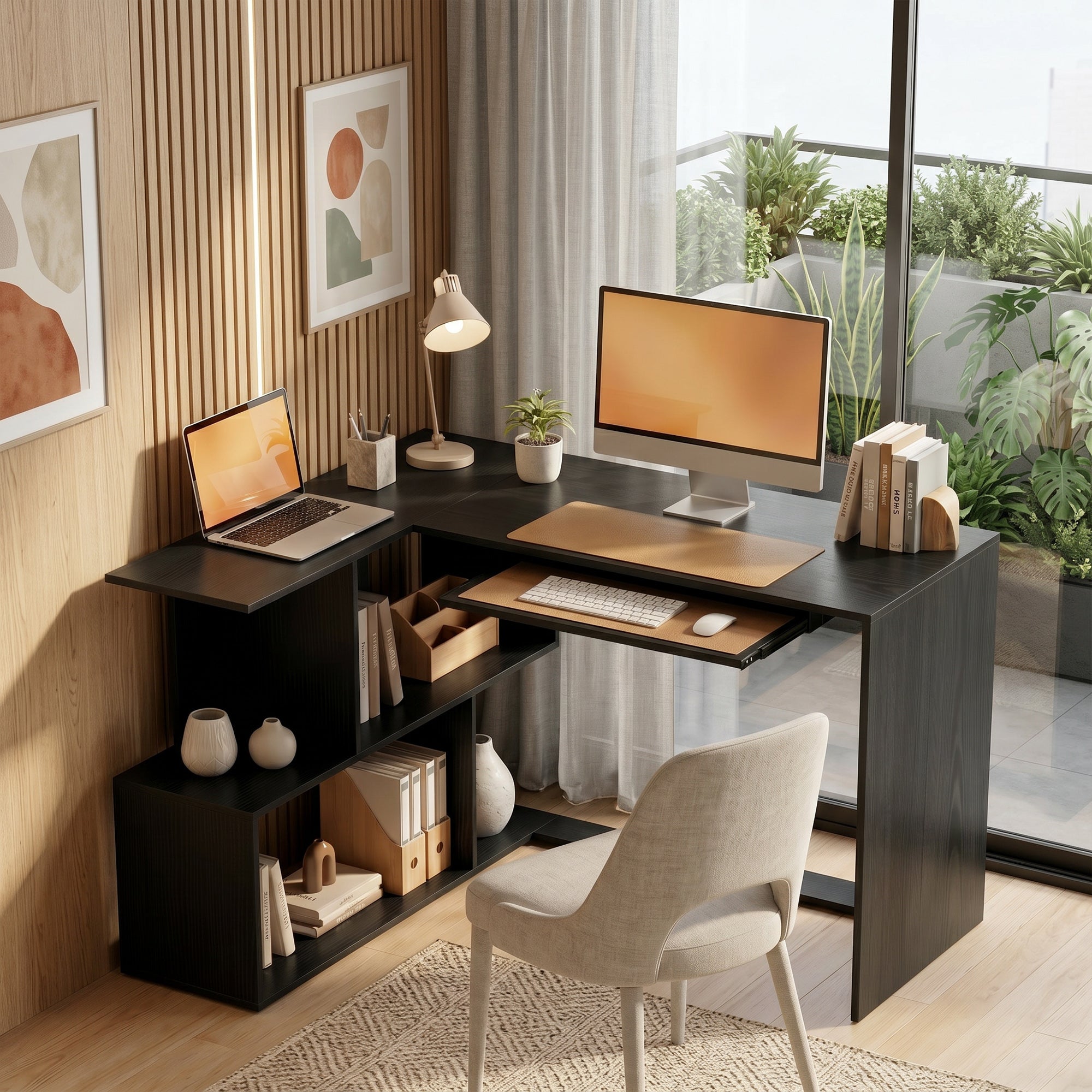 Bureau d'Angle, 120 x 100 x 76 cm, Bureau Informatique en L avec Plateau de Clavier, 4 Compartiments Ouverts, Style Moderne, Table de Travail pour Domicile, Chambre, Petit Espace, Noir
