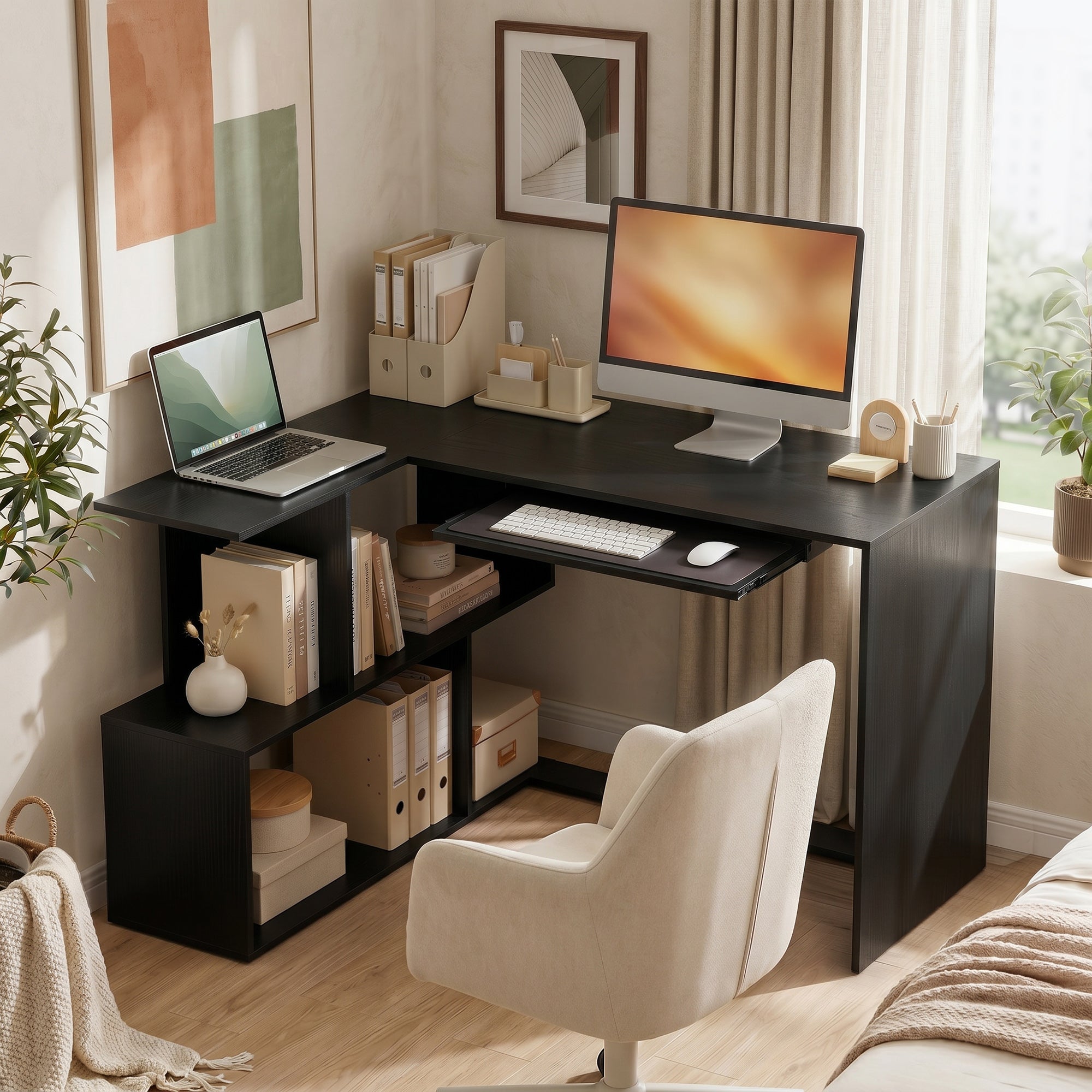 Bureau d'Angle, 120 x 100 x 76 cm, Bureau Informatique en L avec Plateau de Clavier, 4 Compartiments Ouverts, Style Moderne, Table de Travail pour Domicile, Chambre, Petit Espace, Noir
