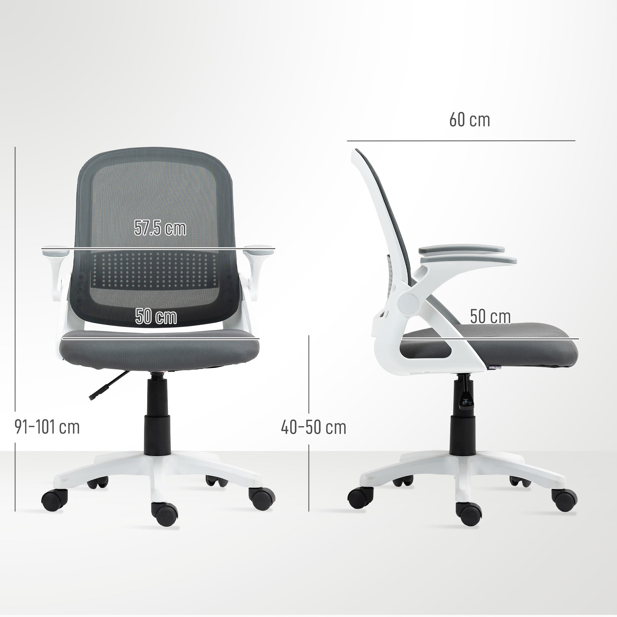 Chaise bureau ergonomique, fauteuil de bureau en maille avec accoudoirs relevables, hauteur réglable, soutien lombaire et pivotant à 360°, 57,5 x 60 x 101 cm, gris