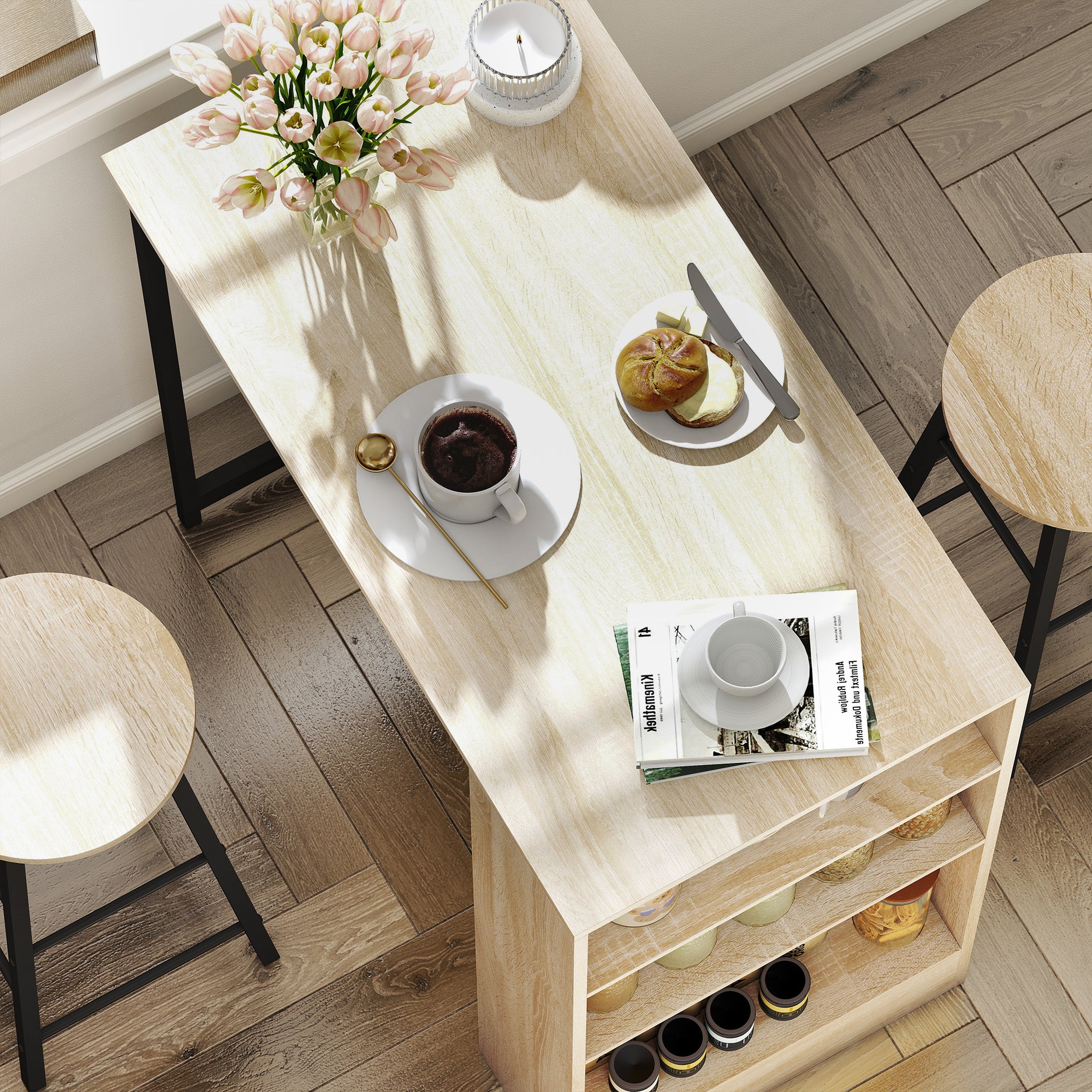 Ensemble table de bar avec tabourets, table à manger debout avec 2 chaises de bar avec compartiments ouverts, étagère réglable et repose-pieds, pour pour salle à manger, cuisine, chêne et noir