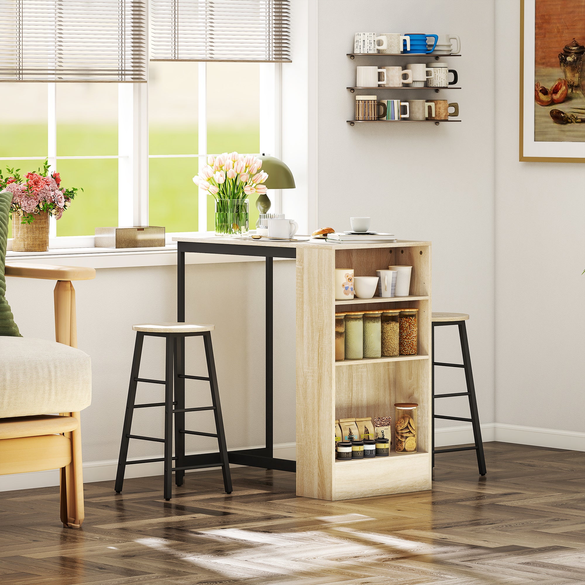 Ensemble table de bar avec tabourets, table à manger debout avec 2 chaises de bar avec compartiments ouverts, étagère réglable et repose-pieds, pour pour salle à manger, cuisine, chêne et noir