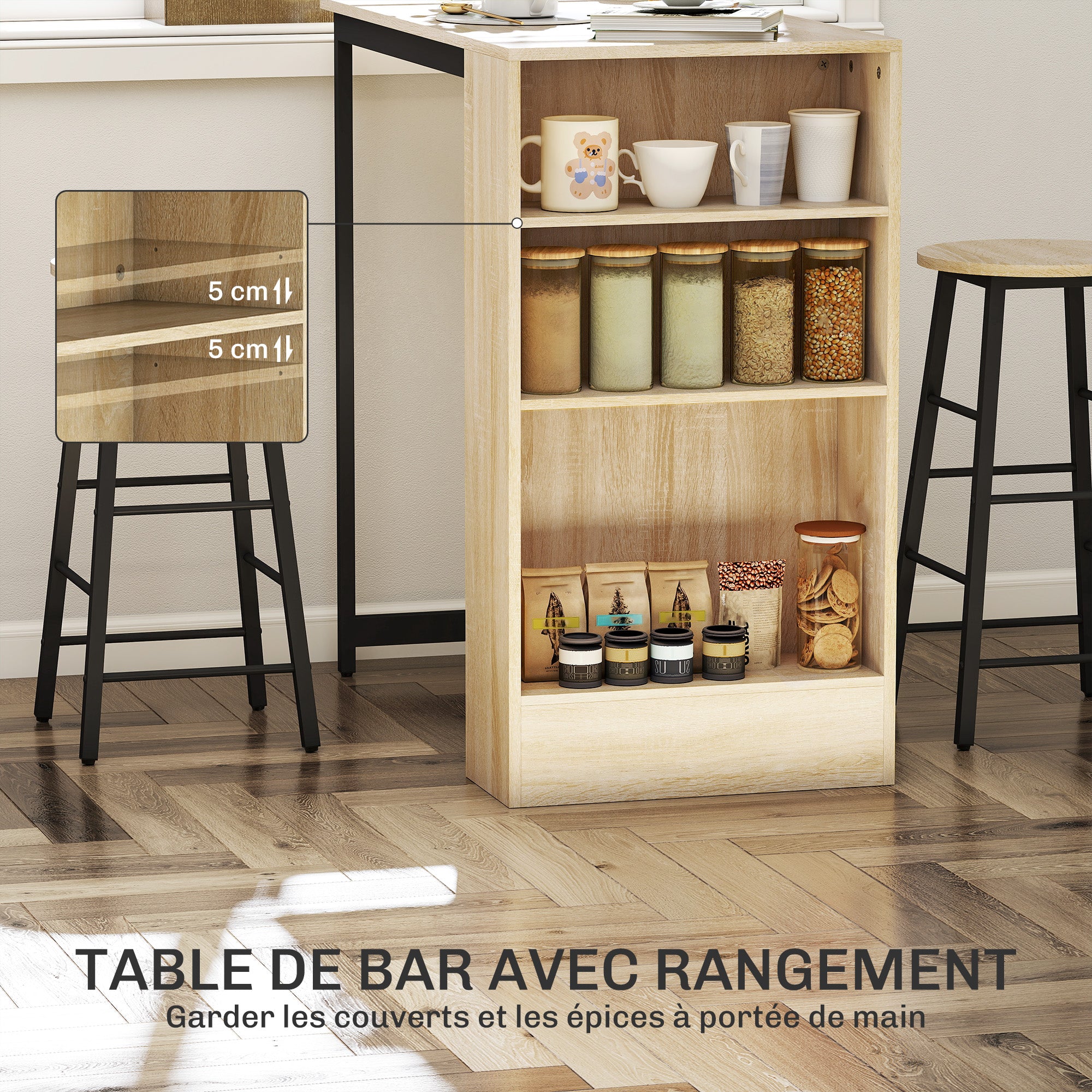 Ensemble table de bar avec tabourets, table à manger debout avec 2 chaises de bar avec compartiments ouverts, étagère réglable et repose-pieds, pour pour salle à manger, cuisine, chêne et noir