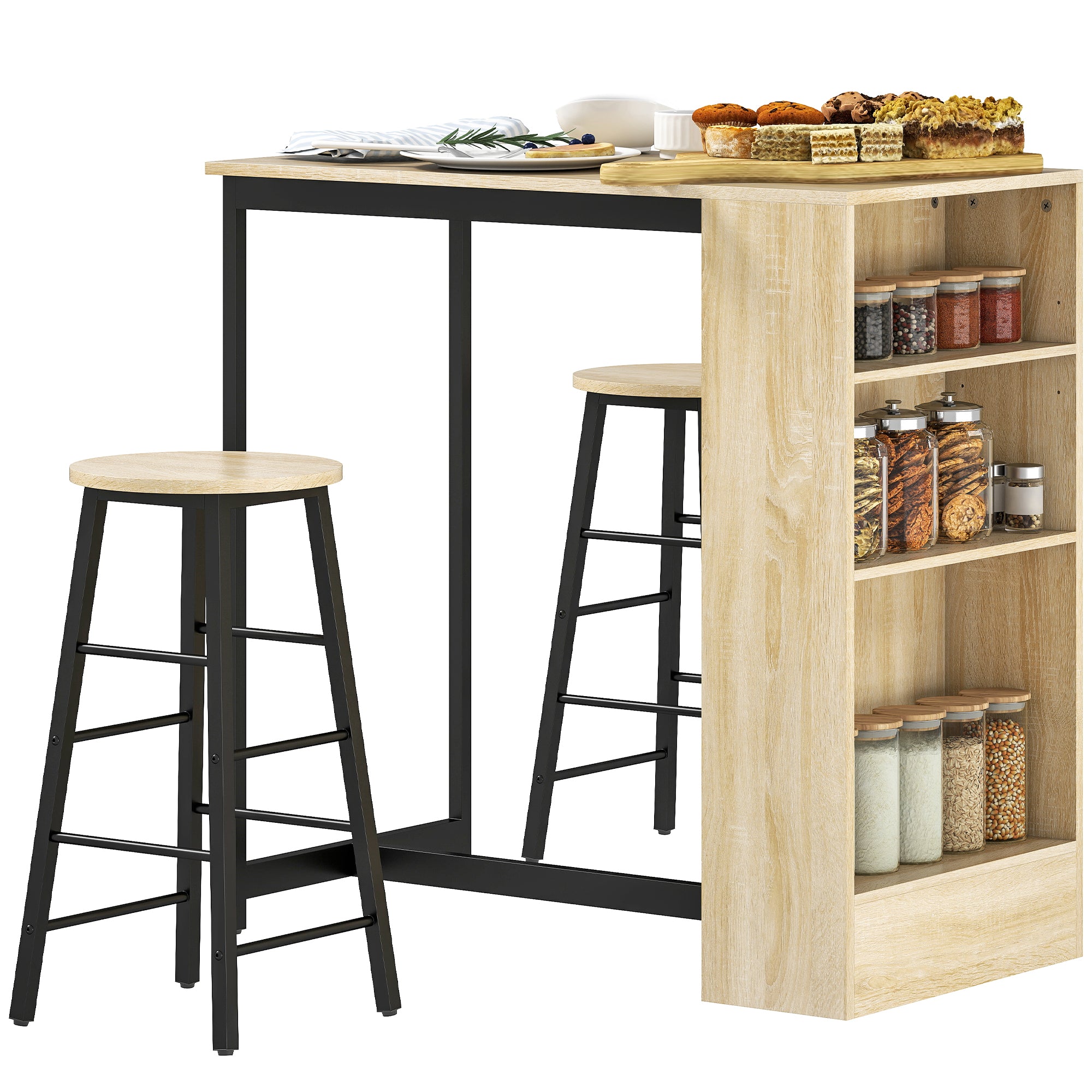 Ensemble table de bar avec tabourets, table à manger debout avec 2 chaises de bar avec compartiments ouverts, étagère réglable et repose-pieds, pour pour salle à manger, cuisine, chêne et noir