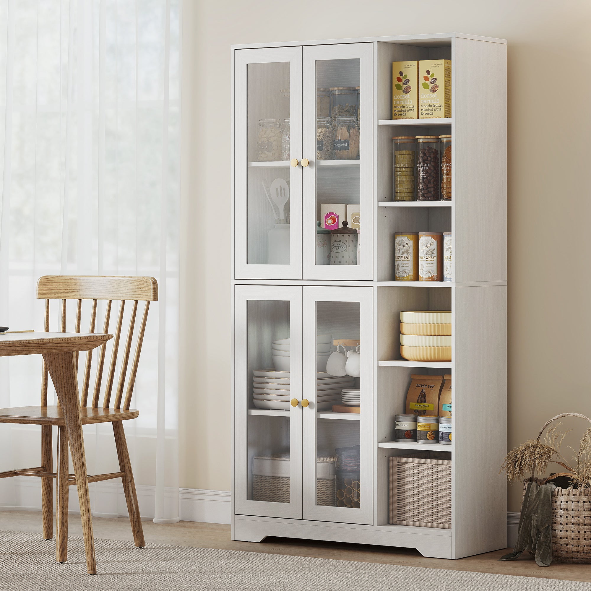 Buffet haut cuisine, vaisselier vitrine avec 4 portes à fermeture douce en verre trempé, étagères réglables et 6 compartiments ouverts, meuble de rangement pour salon, salle à manger, blanc
