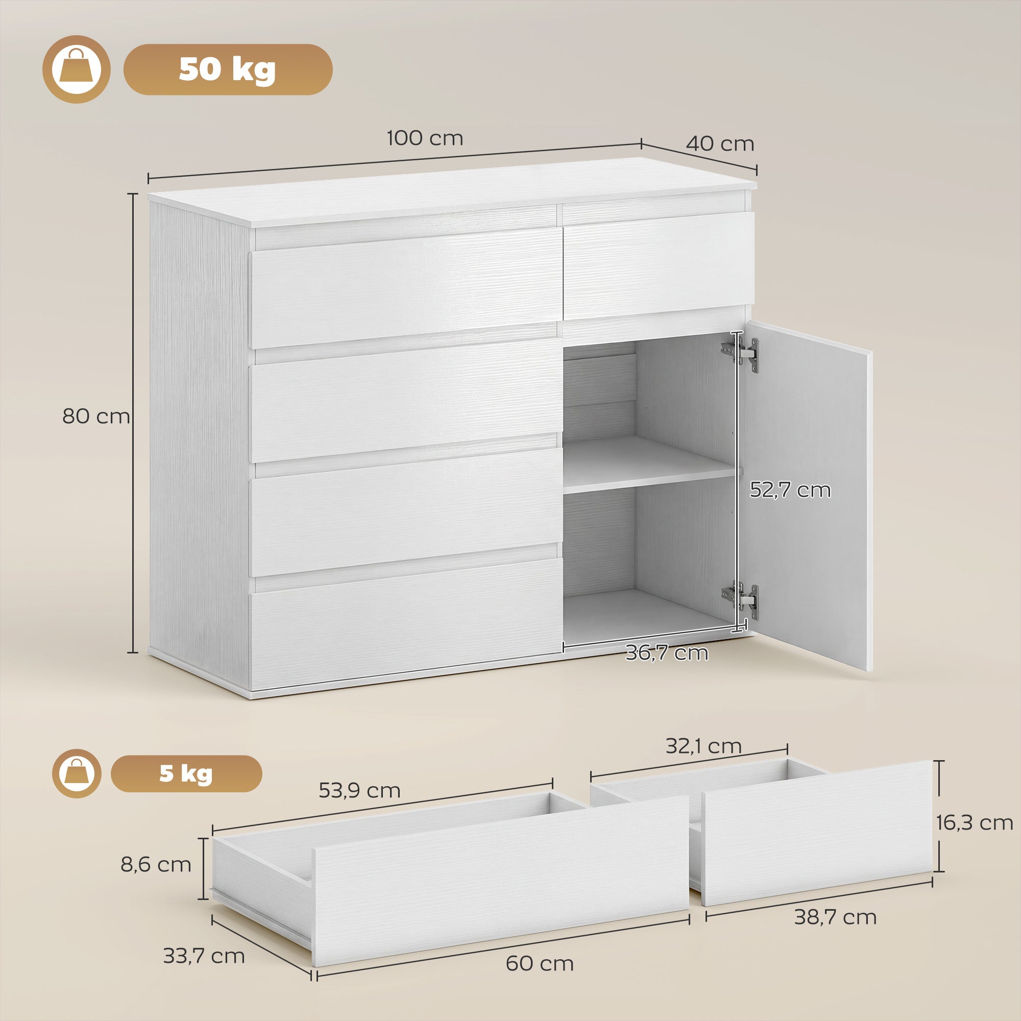 Buffet salon, meuble de rangement avec 5 tiroirs, étagère réglable et porte à fermeture douce, style moderne, buffet salle à manger et cuisine, 100 x 40 x 80 cm, blanc