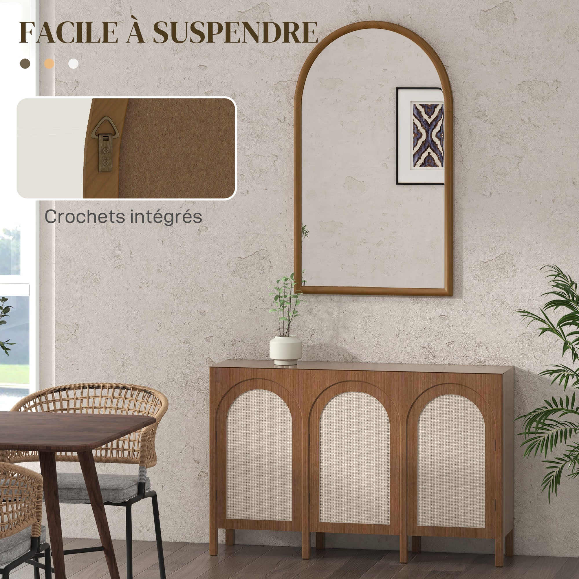 Miroir mural arche, 110 x 65 cm Cadre en bois, Miroir arqué pour le salon, la chambre, l'entrée, brun foncé