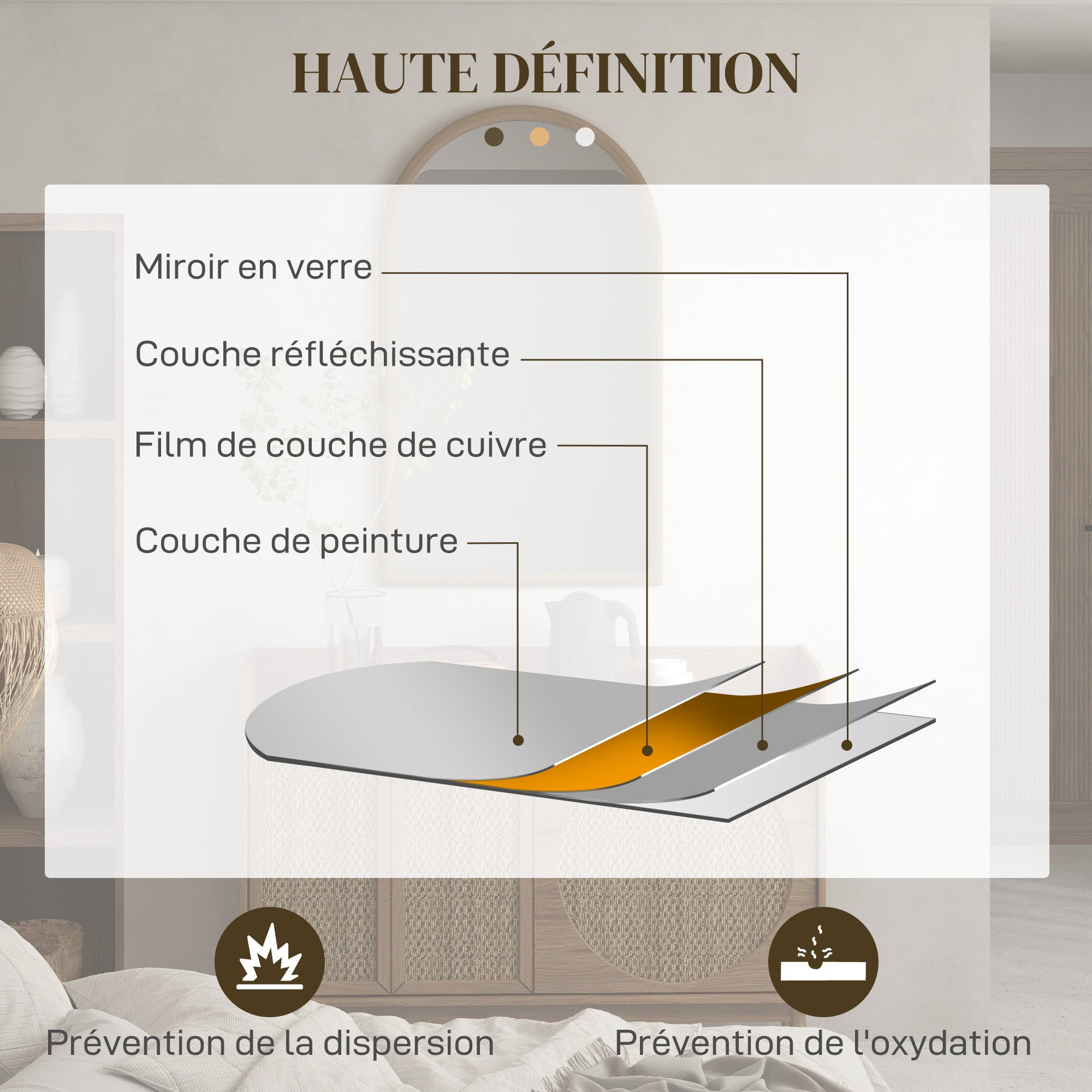 Miroir mural arche, 110 x 65 cm Cadre en bois, Miroir arqué pour le salon, la chambre, l'entrée, brun foncé