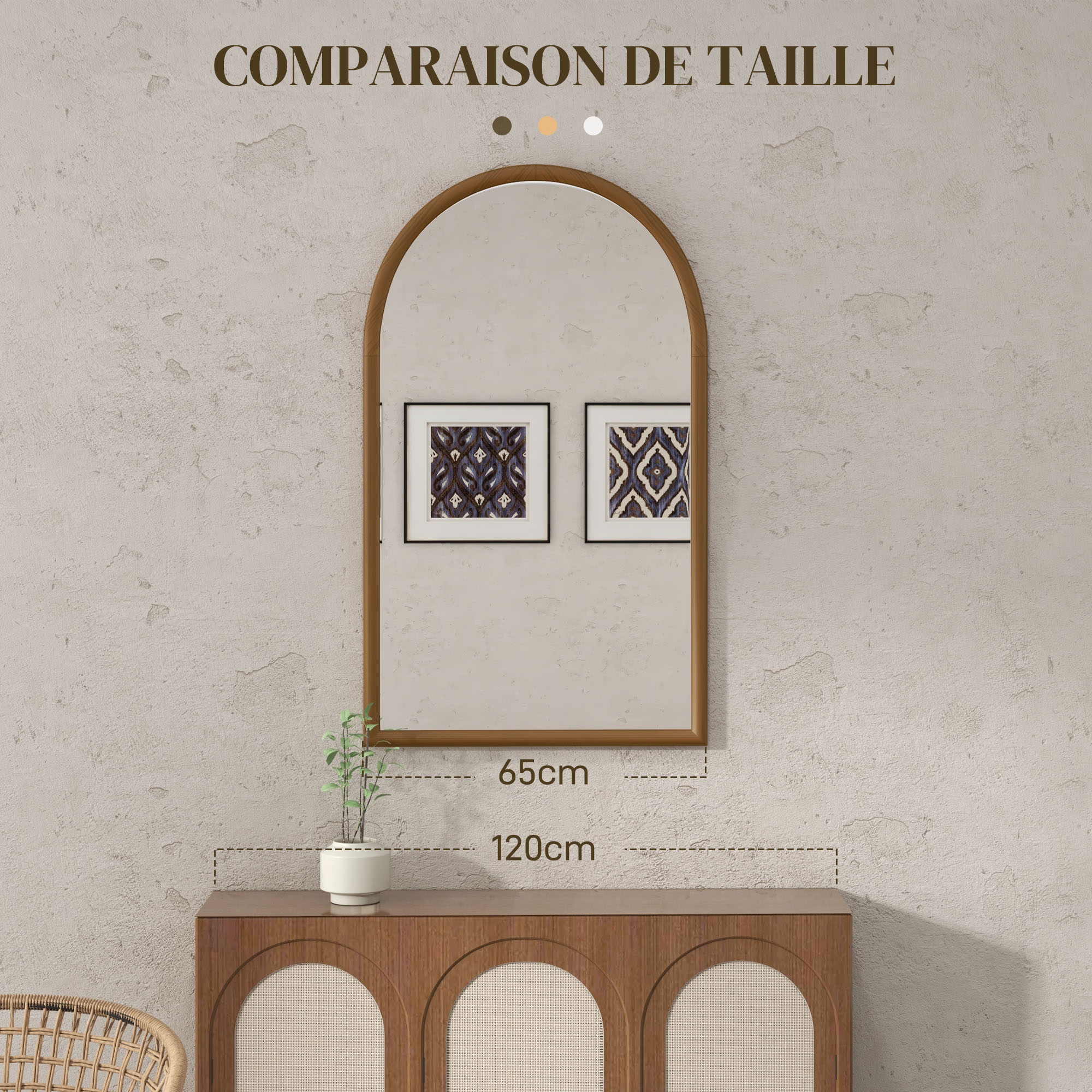 Miroir mural arche, 110 x 65 cm Cadre en bois, Miroir arqué pour le salon, la chambre, l'entrée, brun foncé
