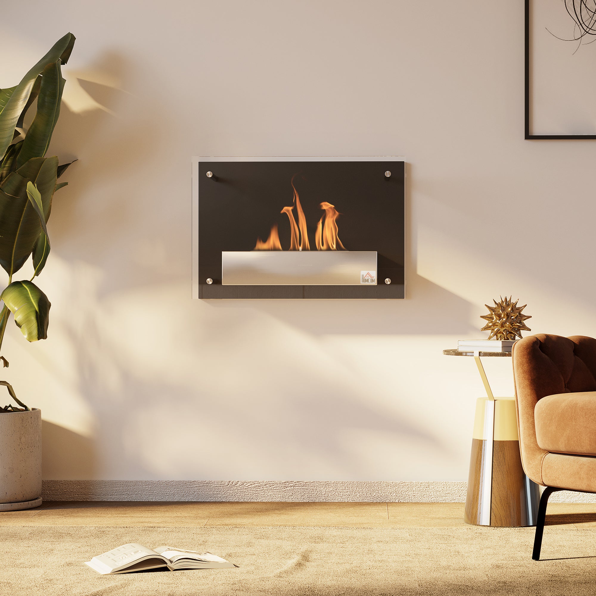 Cheminée bioéthanol Murale encastrable brûleur 1.5 L, environ 3 h de durée de combustion dim. 60L x 22l x 40H cm Couverture 20-25 m² Acier inox