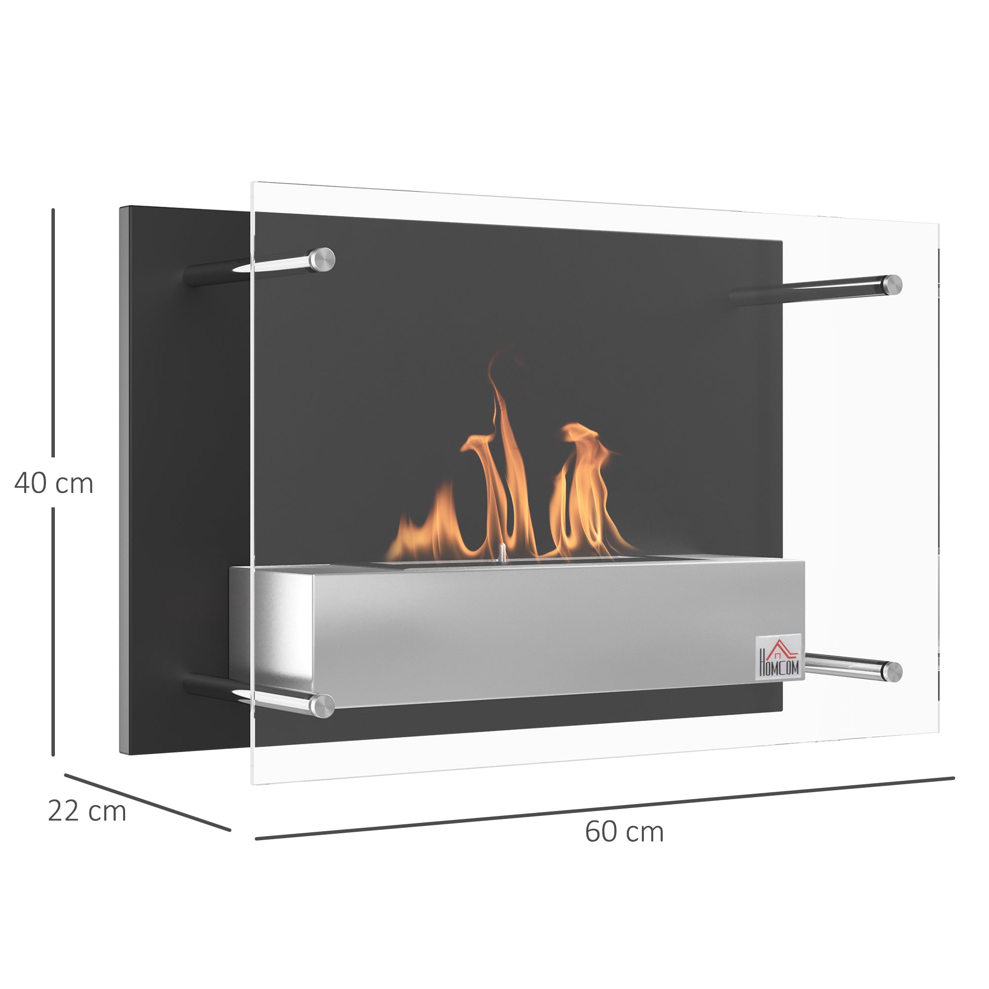 Cheminée bioéthanol Murale encastrable brûleur 1.5 L, environ 3 h de durée de combustion dim. 60L x 22l x 40H cm Couverture 20-25 m² Acier inox