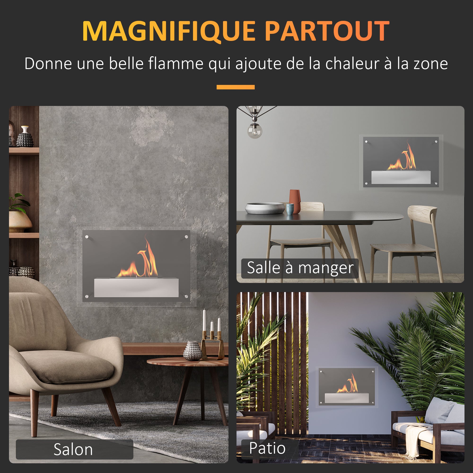 Cheminée bioéthanol Murale encastrable brûleur 1.5 L, environ 3 h de durée de combustion dim. 60L x 22l x 40H cm Couverture 20-25 m² Acier inox