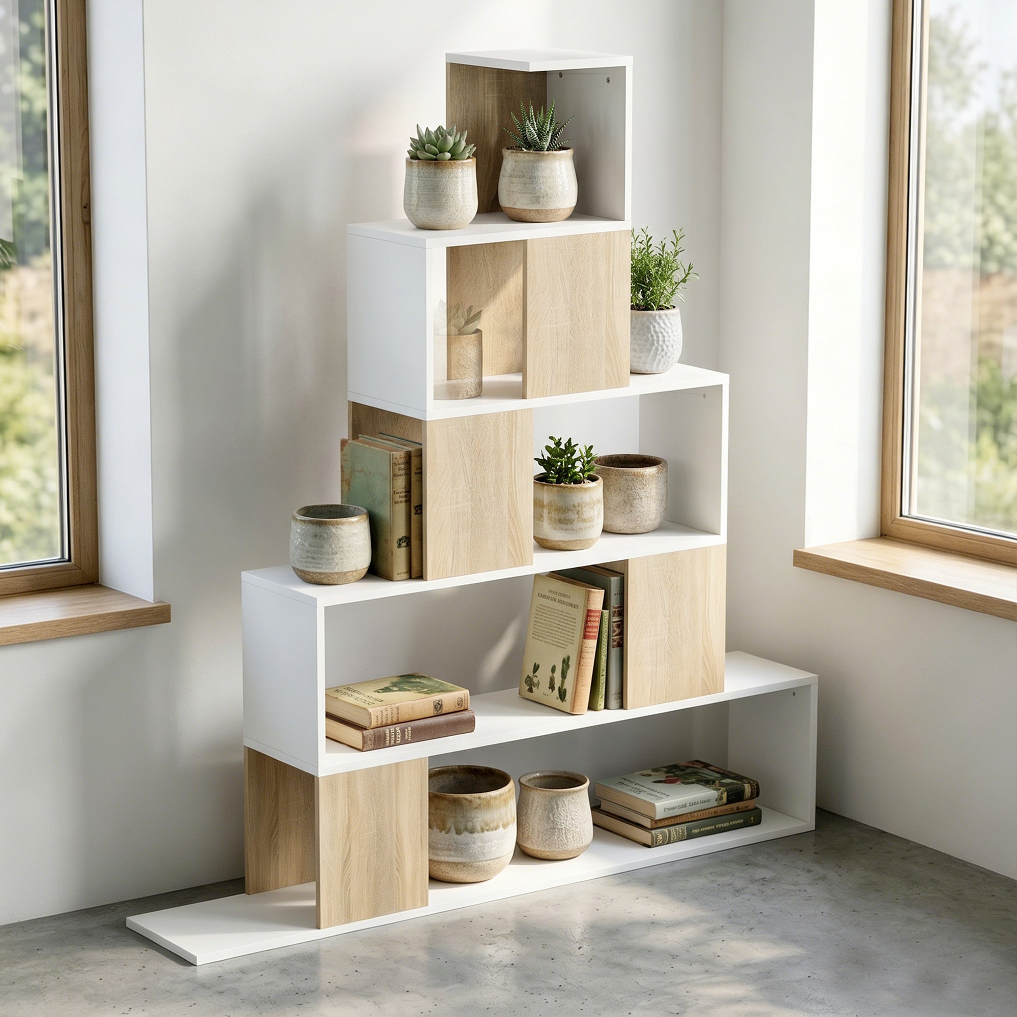 Étagère de rangement, bibliothèque géométrique à 5 niveaux, pour bureau, salon, chambre, 120 x 22 x 131,5 cm, blanc et bois naturel