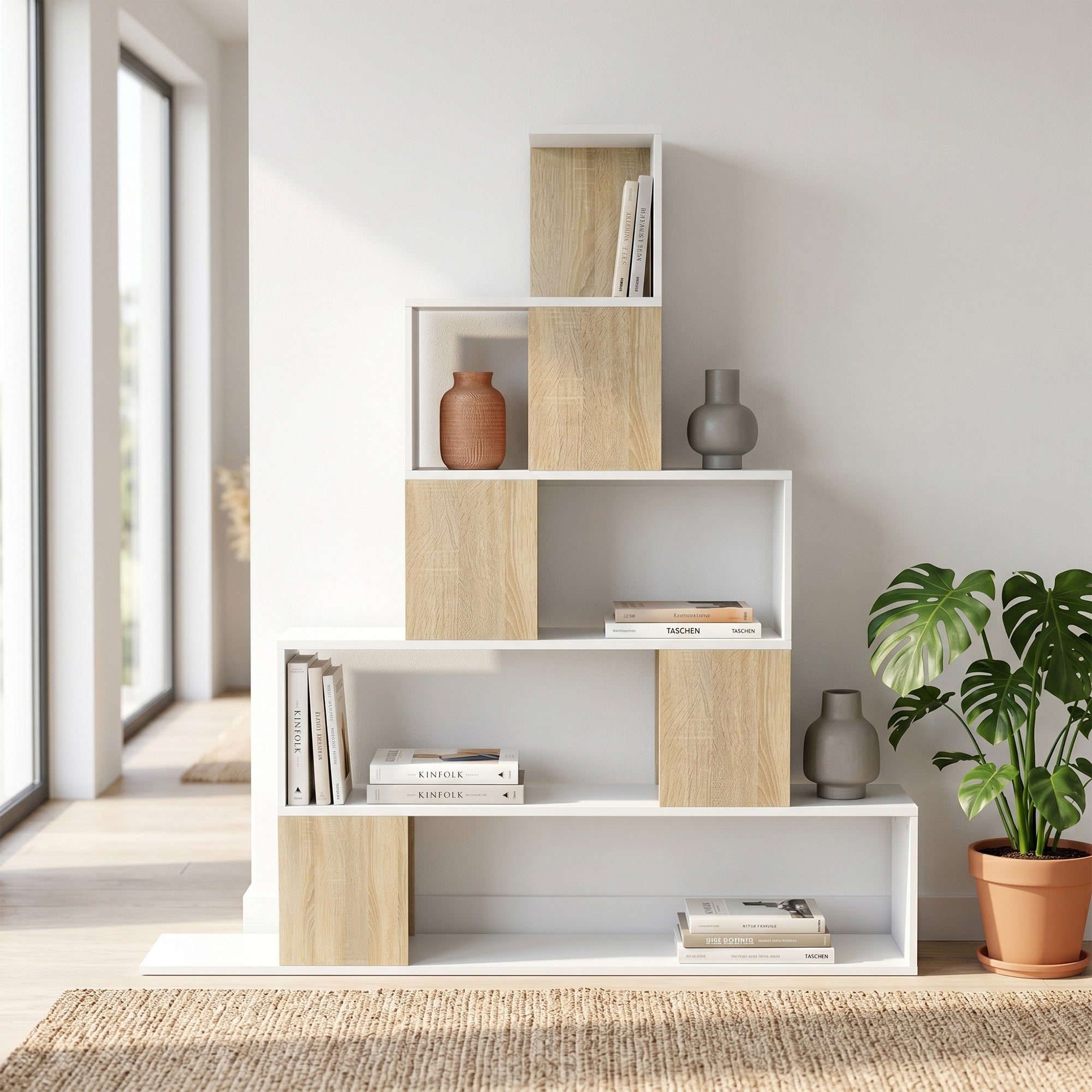 Étagère de rangement, bibliothèque géométrique à 5 niveaux, pour bureau, salon, chambre, 120 x 22 x 131,5 cm, blanc et bois naturel