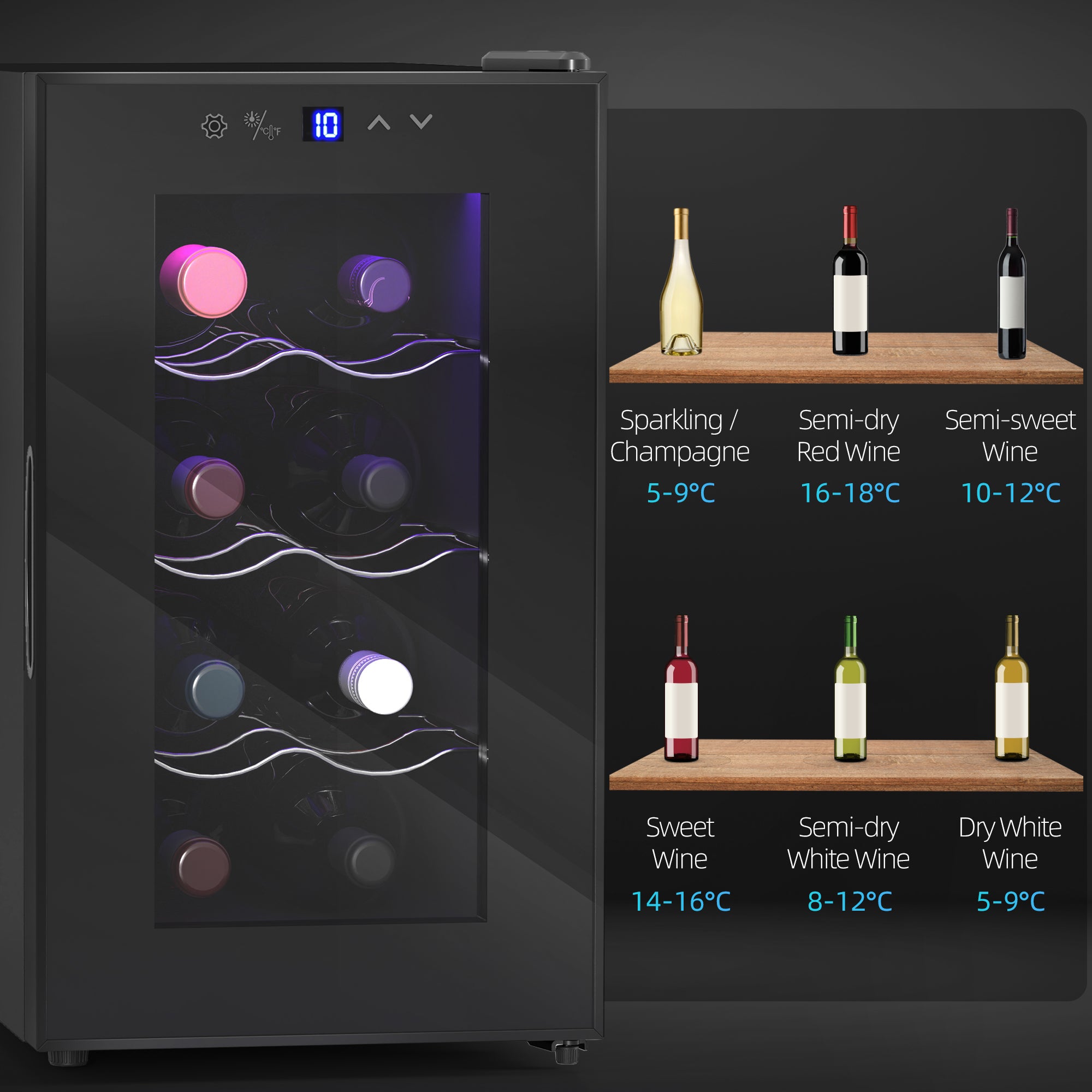 Cave à Vin 8 Bouteilles 21L, Réfrigérateur à Vin et Boissons avec Température Réglable 8-18°C, Porte en Verre Trempé Anti-UV, Étagères Ajustables, Écran Tactile, Éclairage LED, Noir