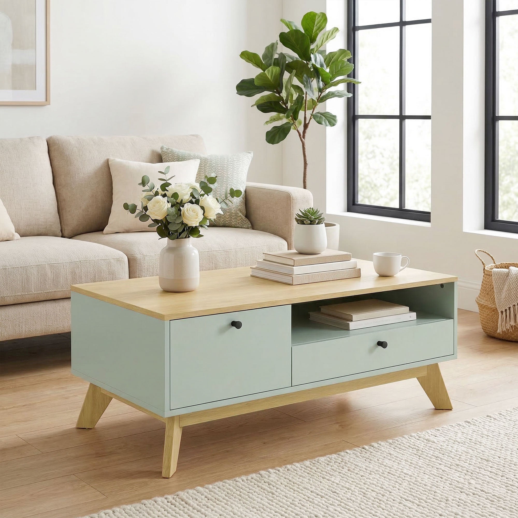 Table basse de salon, table d'appoint rectangulaire avec tiroir, porte et compartiment ouvert, style moderne, pour chambre, séjour et bureau, 100 x 50 x 40 cm, vert clair et chêne