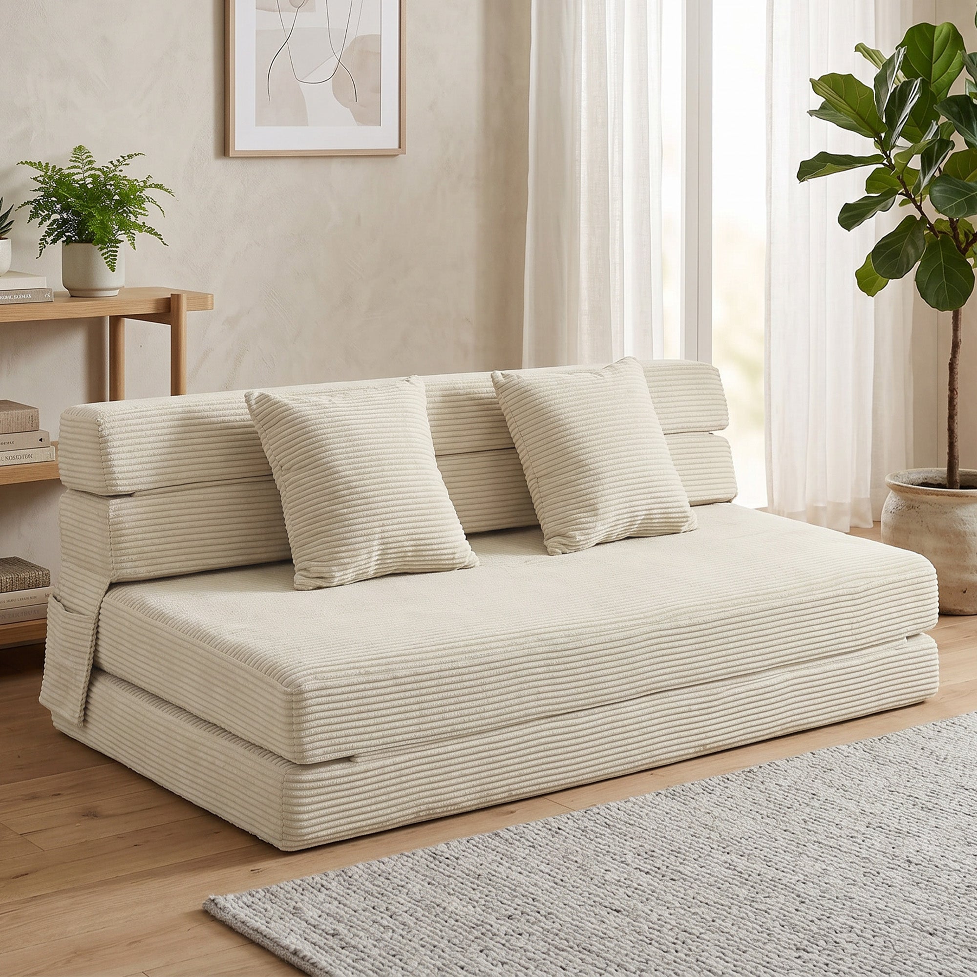 Canapé-Lit Pliant 2 en 1, Chauffeuse 2 Places Convertible Velours Côtelé, Matelas Pliable, Coussin Épais Dossier Oreillers Poches Latérales, Entièrement Compressé Aucun Assemblage Requis, Crème