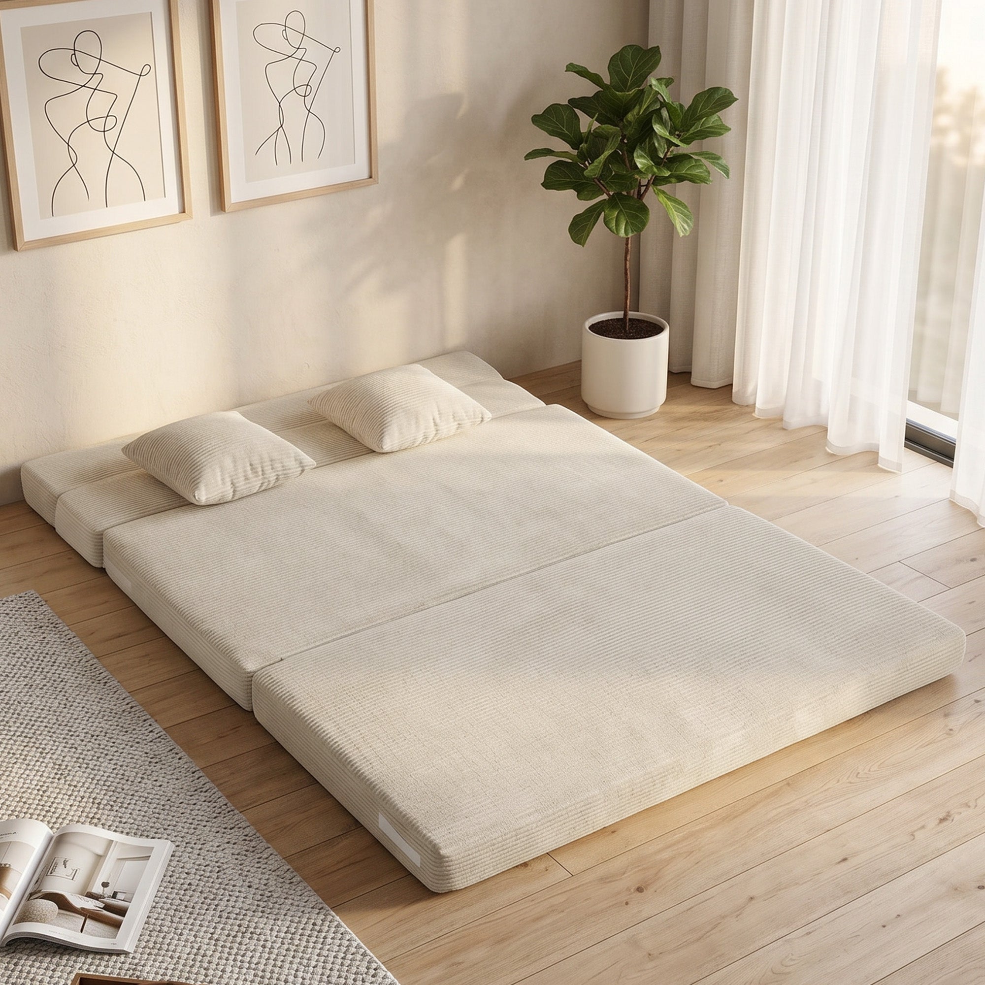 Canapé-Lit Pliant 2 en 1, Chauffeuse 2 Places Convertible Velours Côtelé, Matelas Pliable, Coussin Épais Dossier Oreillers Poches Latérales, Entièrement Compressé Aucun Assemblage Requis, Crème