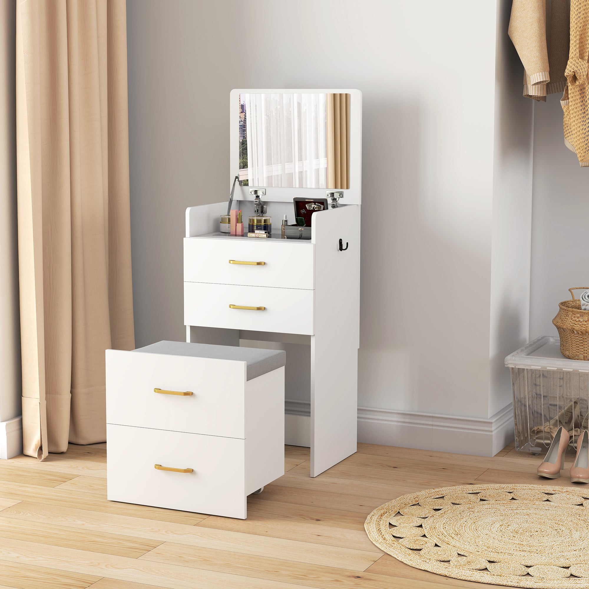 Coiffeuse avec miroir et tabouret 3 en 1, table de maquillage avec 3 tiroirs, plateau en verre visible, coussin rembourré et roulettes, bureau coiffeuse, 48 x 40 x 90 cm, blanc