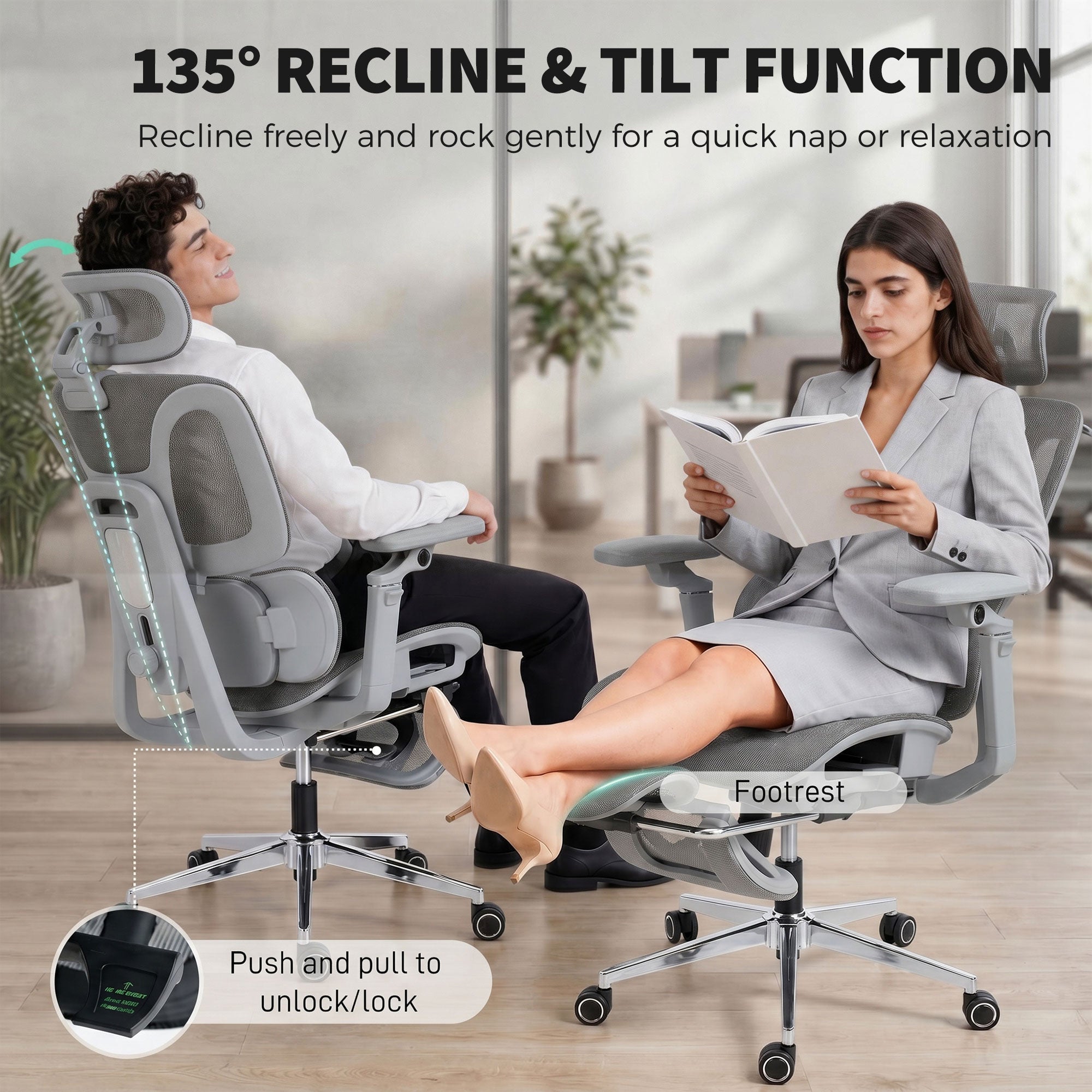 Chaise Bureau Ergonomique avec Accoudoirs 6D Appui-Tête et Profondeur d'Assise Réglables Fauteuil de Bureau en Maille Inclinable Hauteur Réglable Soutien Lombaire Adjustable Repose-Pieds Gris