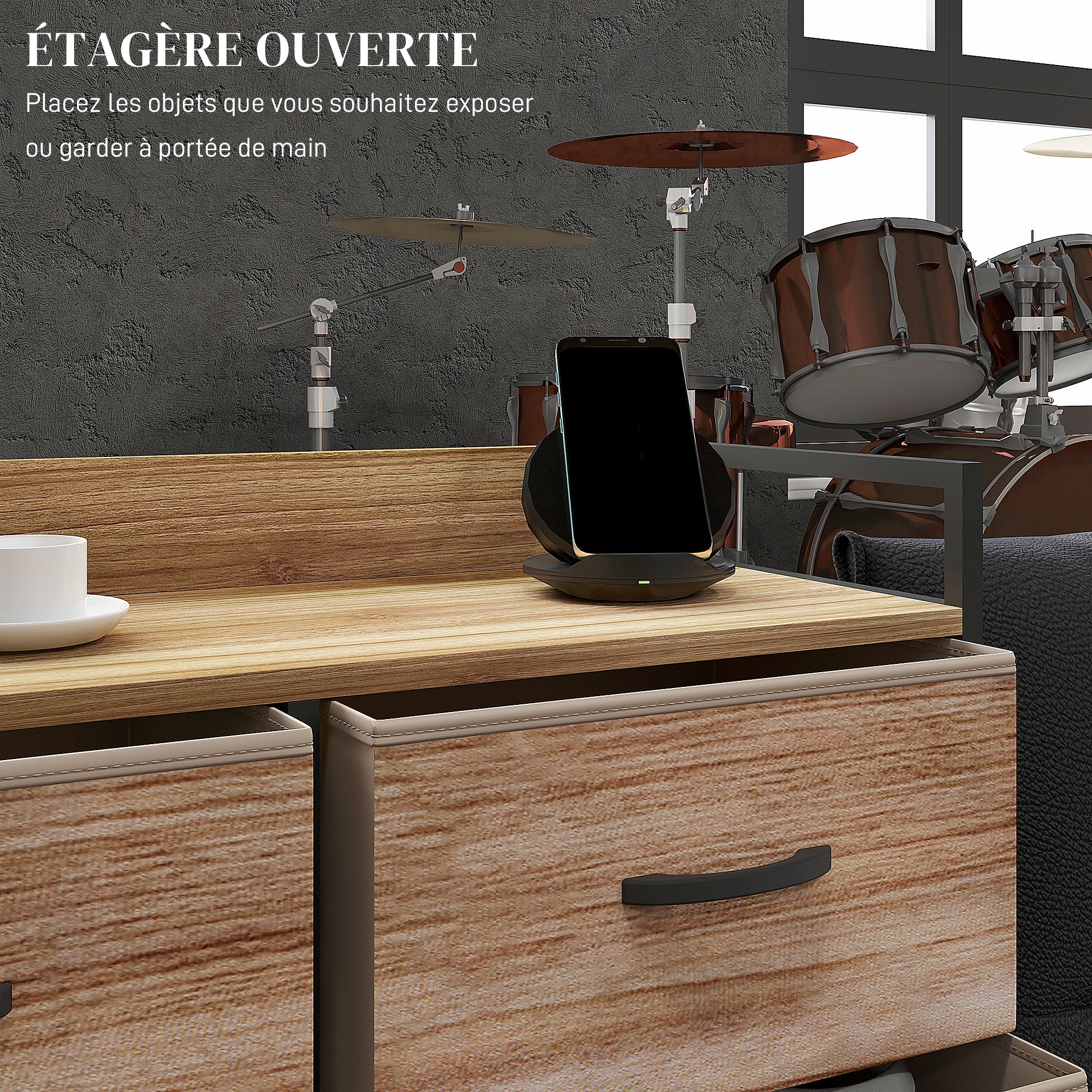 Meuble de Rangement commode chiffonnier 8 tiroirs en Tissu amovibles, étagère supérieure et cadre acier 79L x 29l x 101H cm naturel et noir