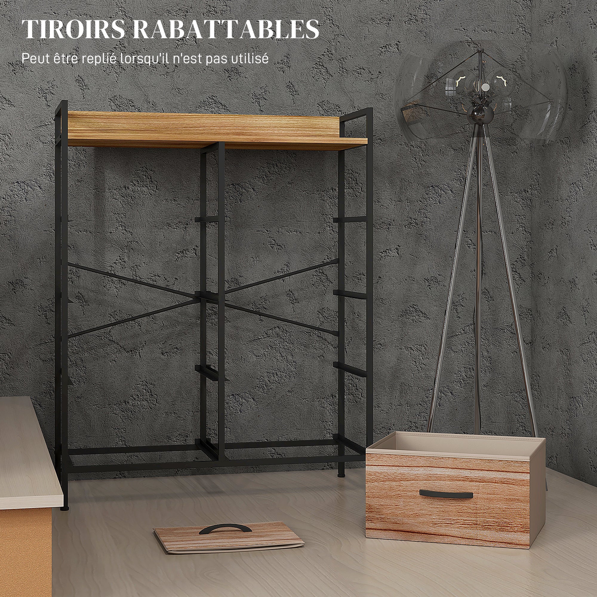 Meuble de Rangement commode chiffonnier 8 tiroirs en Tissu amovibles, étagère supérieure et cadre acier 79L x 29l x 101H cm naturel et noir