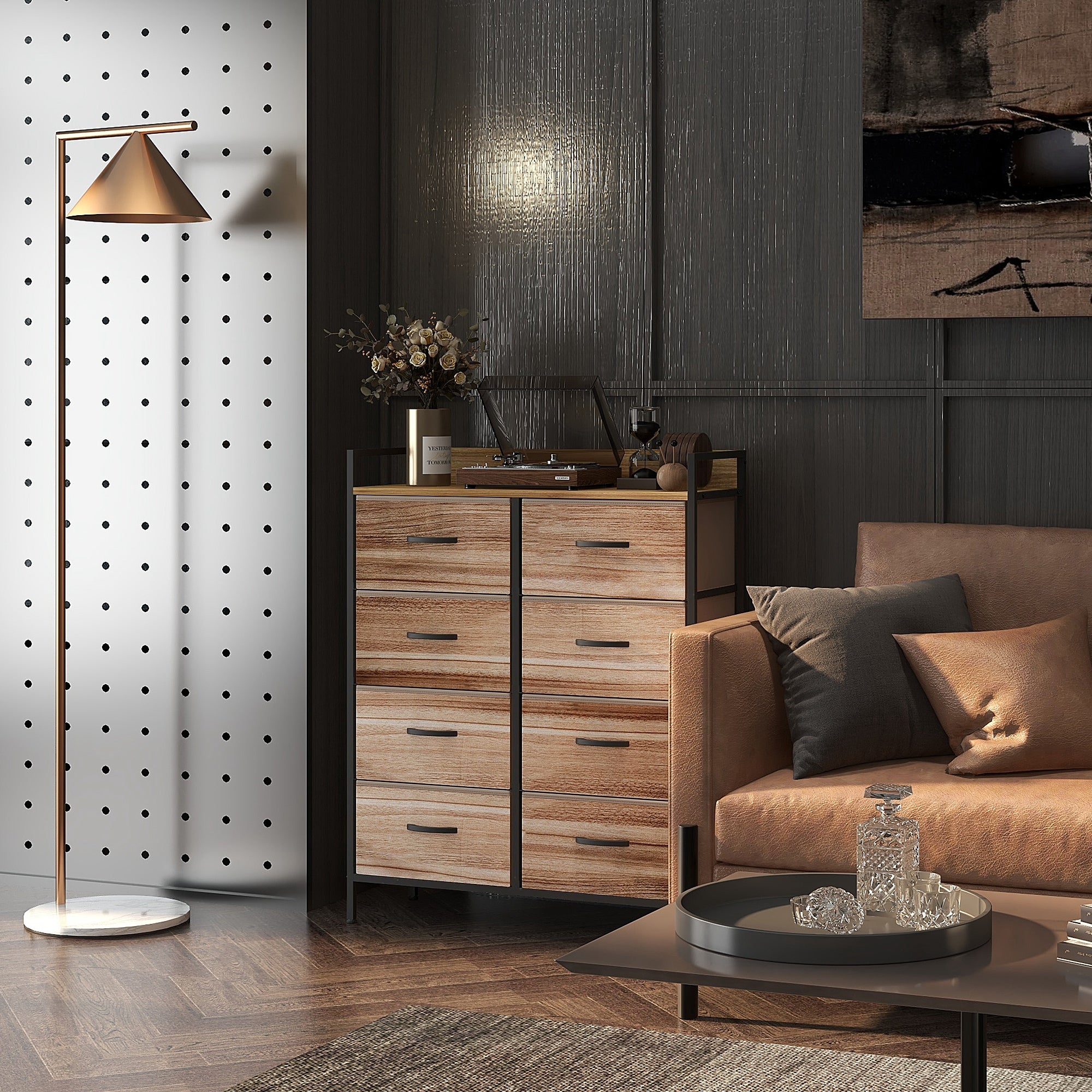 Meuble de Rangement commode chiffonnier 8 tiroirs en Tissu amovibles, étagère supérieure et cadre acier 79L x 29l x 101H cm naturel et noir