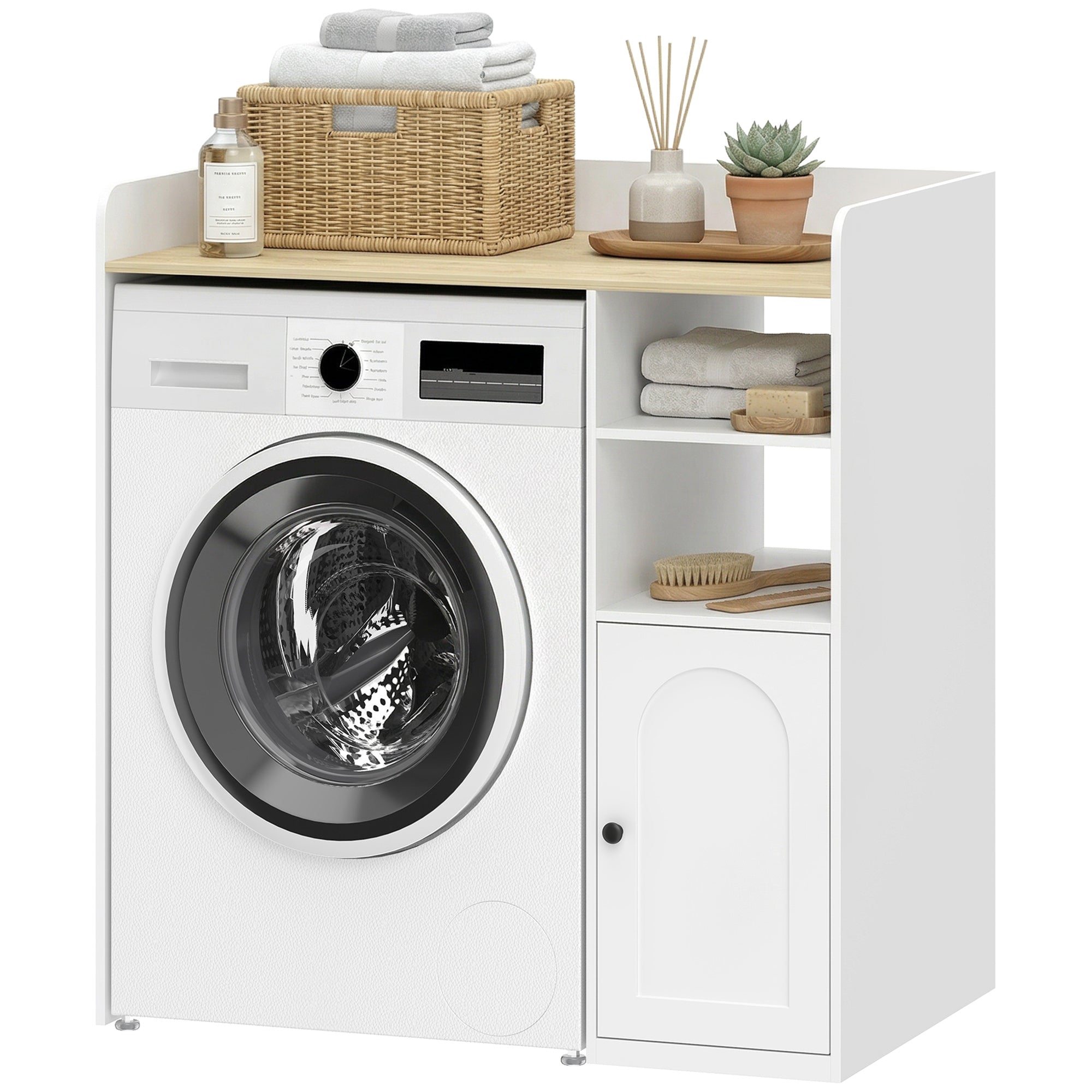 Meuble machine à laver, armoire machine a laver avec compartiments ouverts, porte à fermeture douce et large plateau, meuble de salle de bain et buanderie, 93,5 x 60 x 100 cm, blanc
