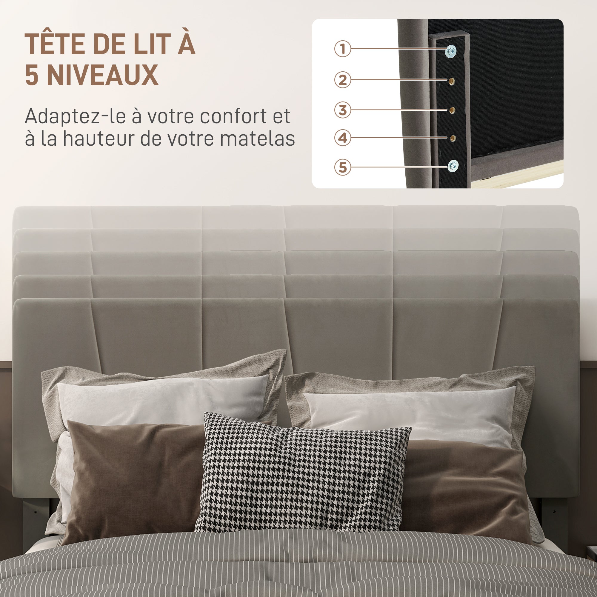 Cadre de lit double, 140 x 190 cm, lit 2 personnes, cadre métallique, tête de lit réglable, avec sommier, rangement sous le lit, montage facile, gris