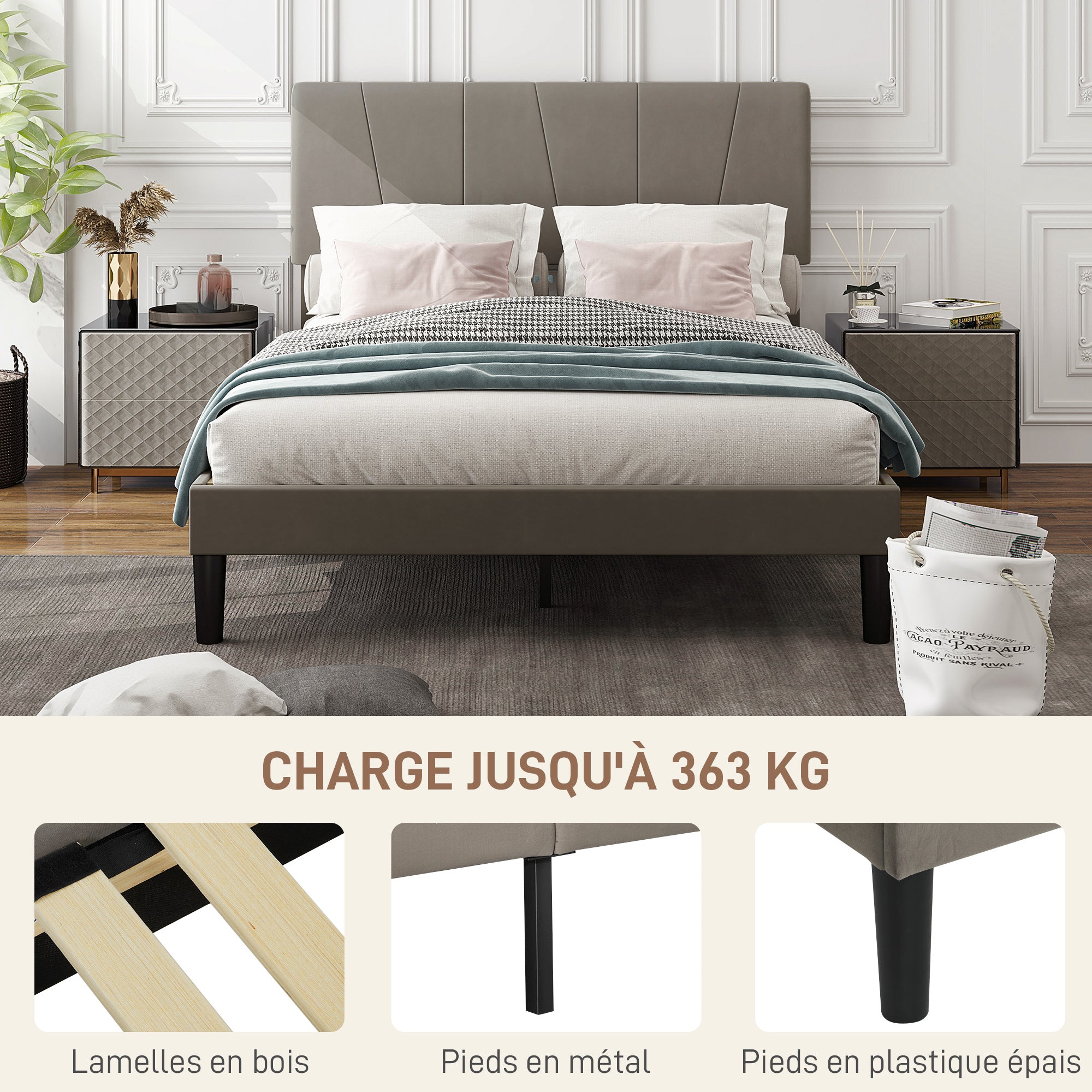 Cadre de lit double, 140 x 190 cm, lit 2 personnes, cadre métallique, tête de lit réglable, avec sommier, rangement sous le lit, montage facile, gris