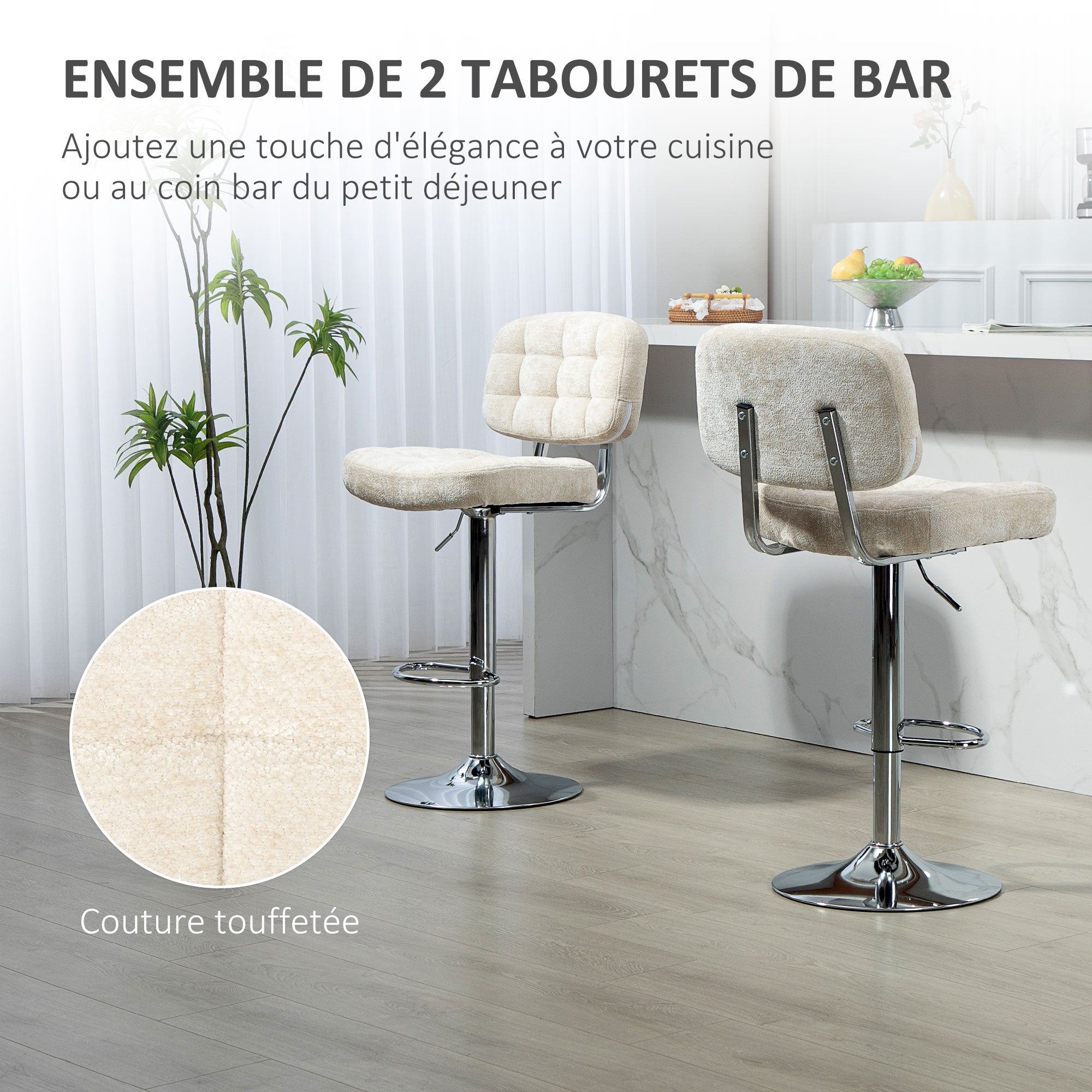 Lot de 2 tabourets de bar, chaises de bar pivotantes, chaise haute cuisine avec dossier, hauteur réglable et repose-pieds, cadre en acier, charge 120 Kg, beige